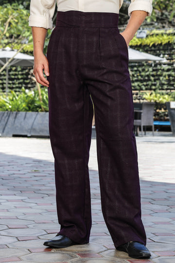 Wine Premium Tweed Blend Gurkha Trousers with Double Pleated Front