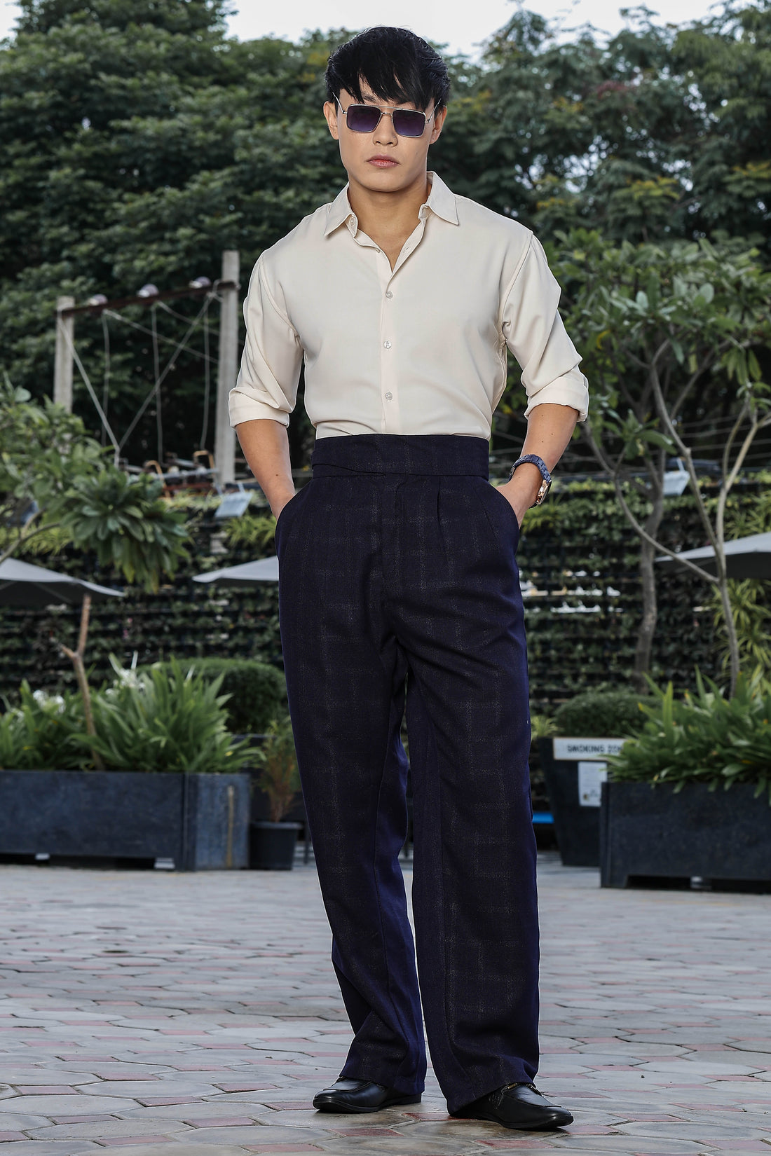 Navy Premium Tweed Blend Gurkha Trousers with Double Pleated Front