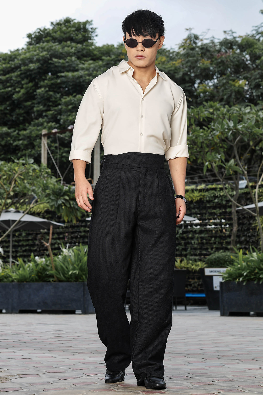 Black Corduroy Gurkha Trousers with Double Pleated Front