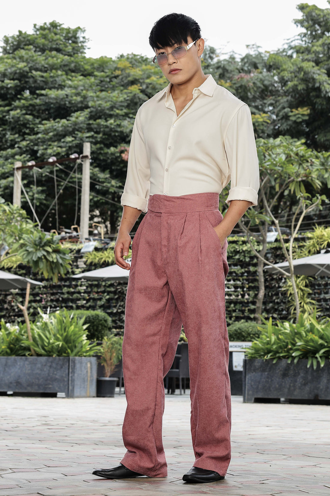 Salmon Pink Corduroy Gurkha Trousers with Double Pleated Front