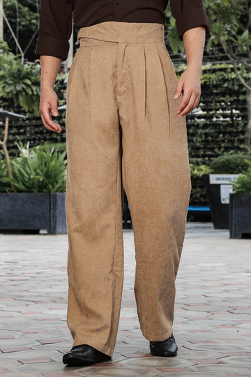 Beige Corduroy Gurkha Trousers with Double Pleated Front