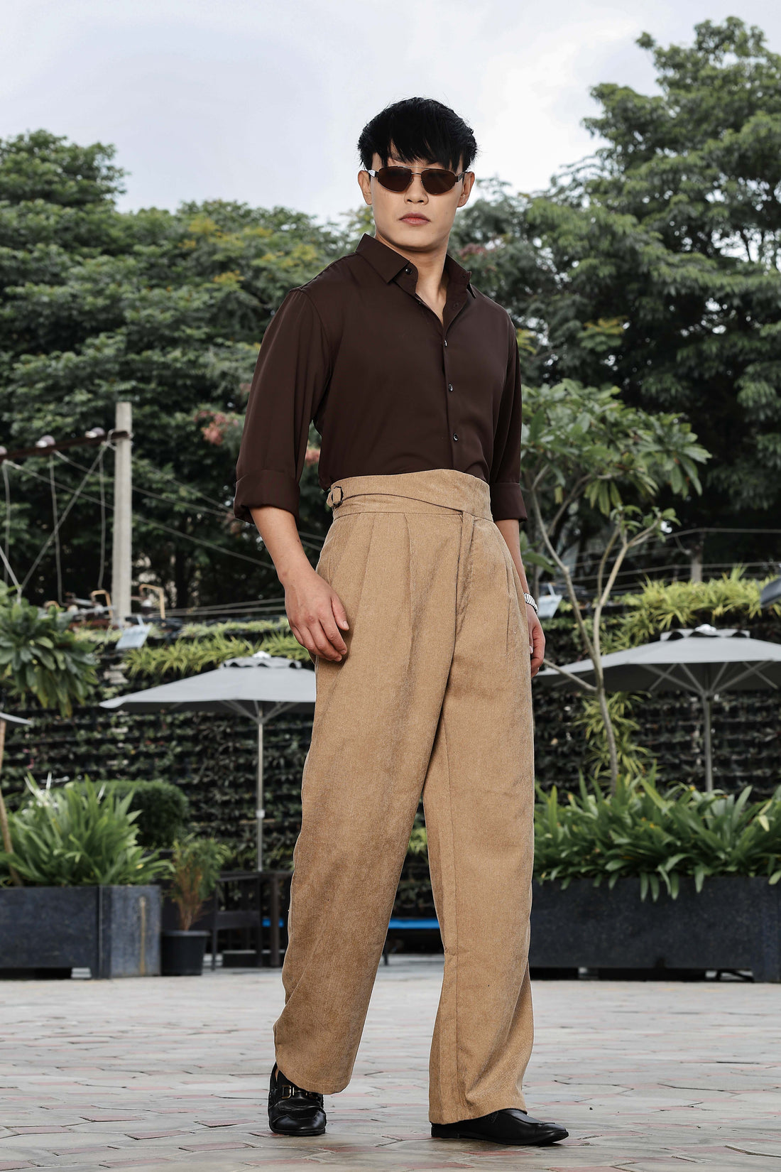 Beige Corduroy Gurkha Trousers with Double Pleated Front