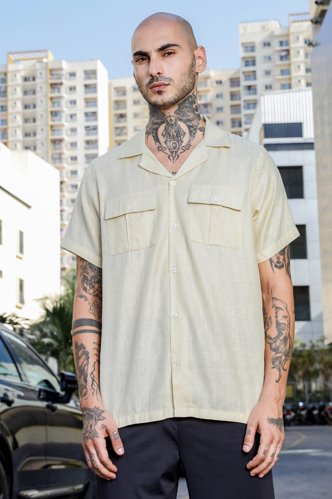 Linen Blend Beige Cuban Collar Classic Relaxed Fit Shirt