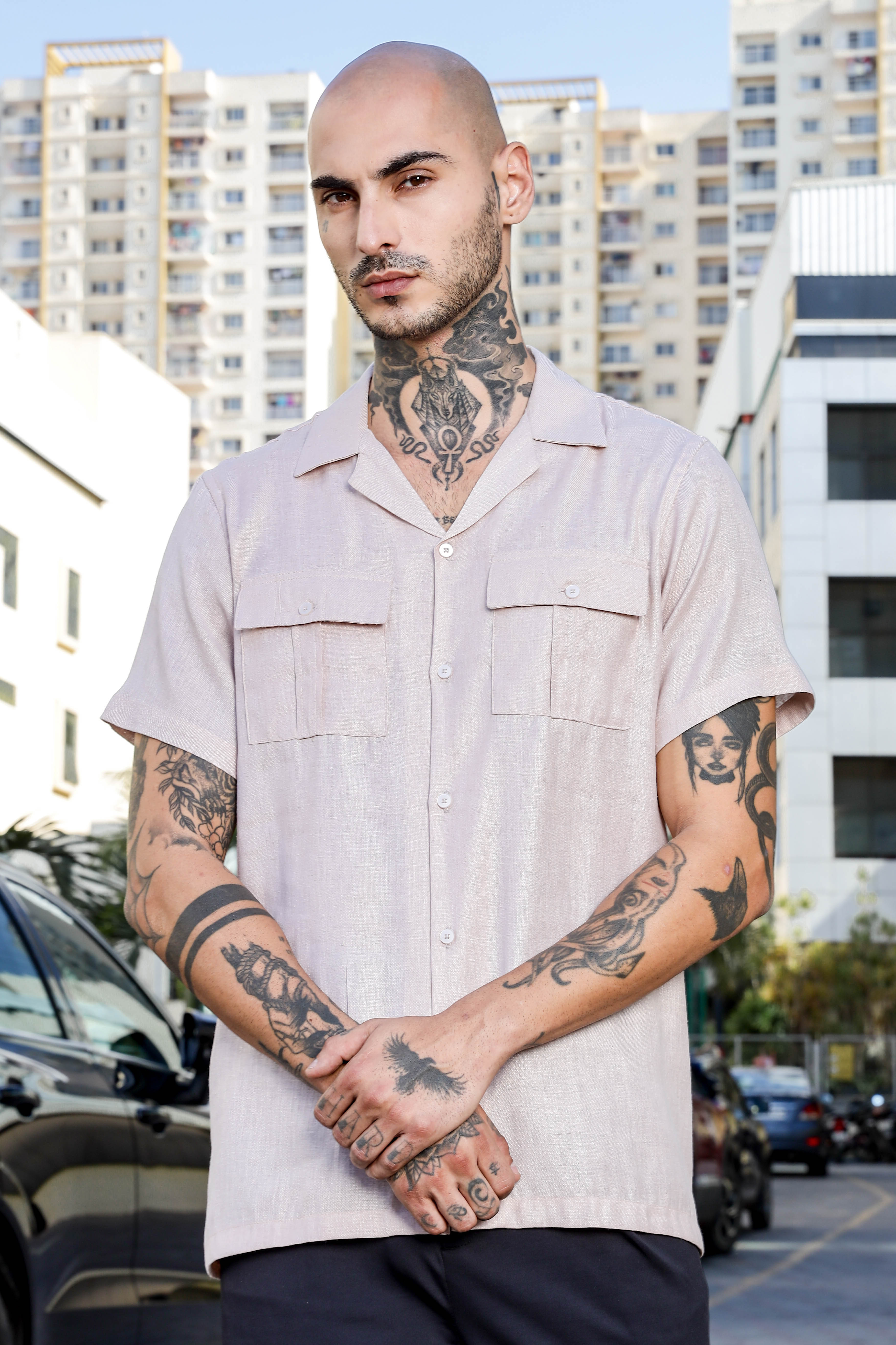 Pink Linen Blend Cuban Collar Classic Relaxed Fit  Shirt