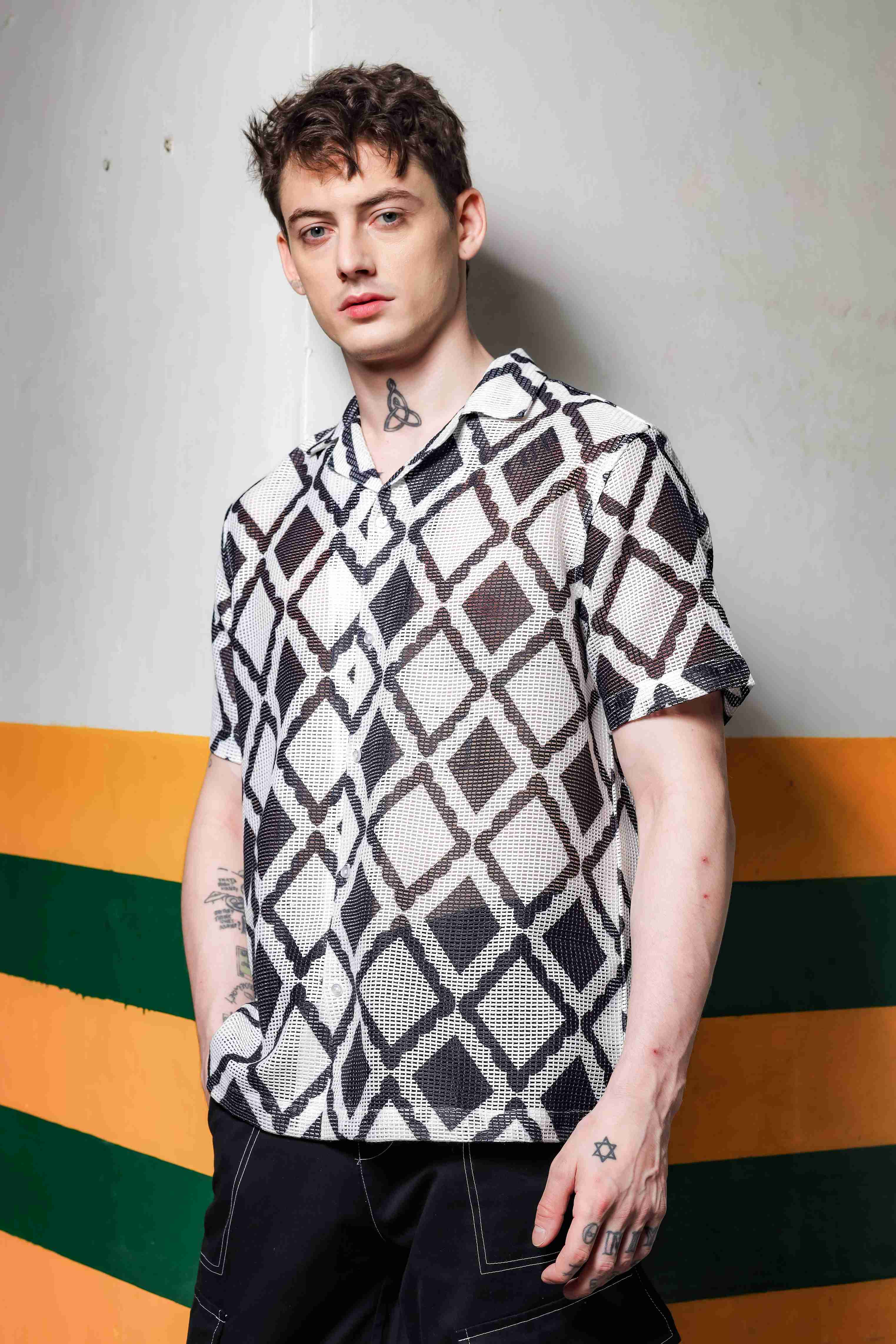 Black Printed Regular Fit Semi Sheer Crochet-Look Resort Shirt