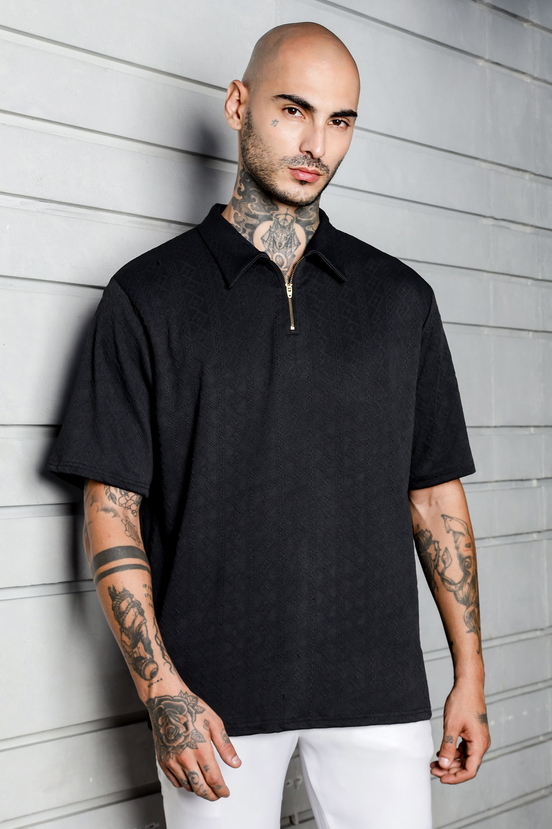 Unisex Black Textured Polo Neck Oversized T-shirt