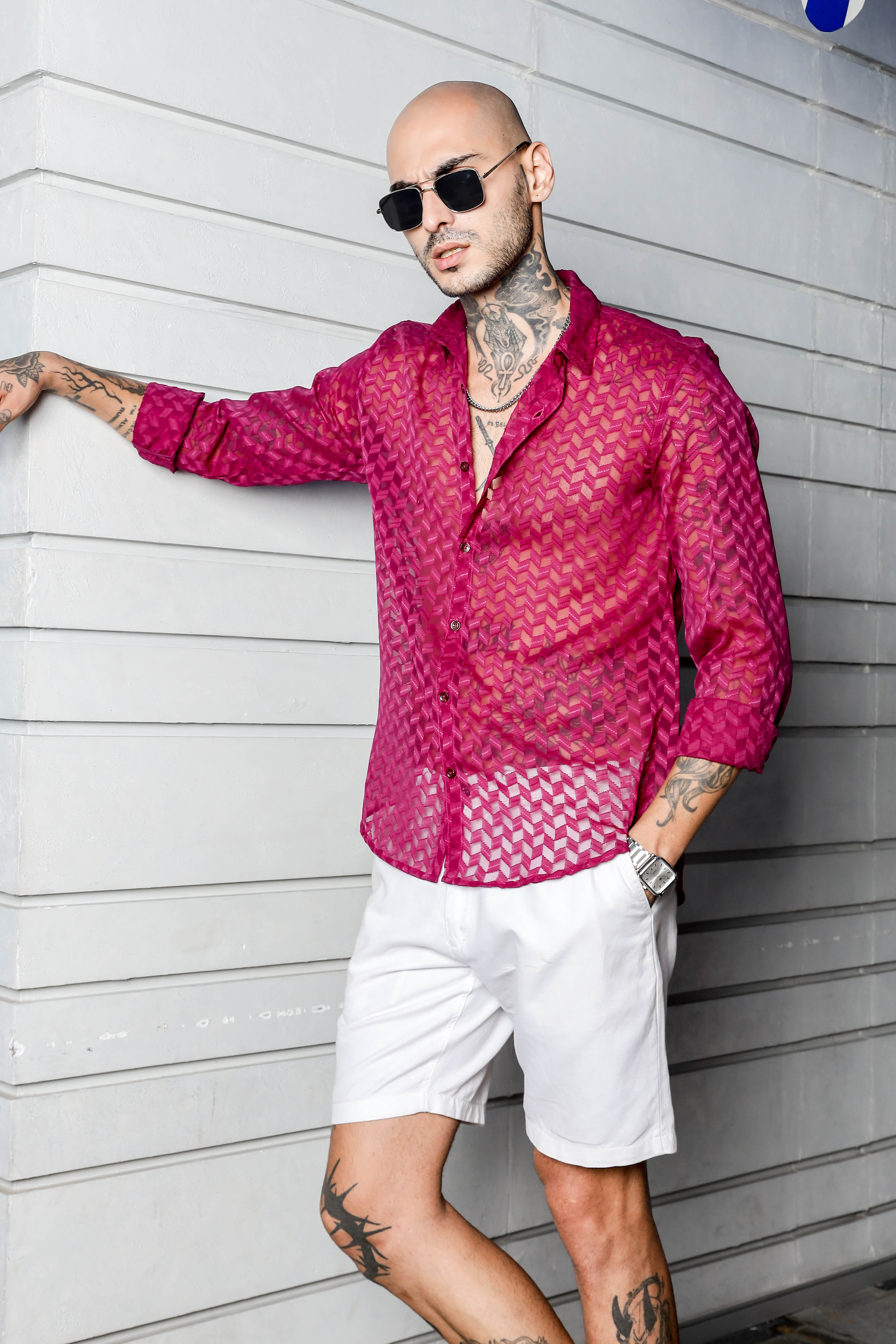 Pink Classic Semi Sheer Georgette Relaxed Fit Shirt