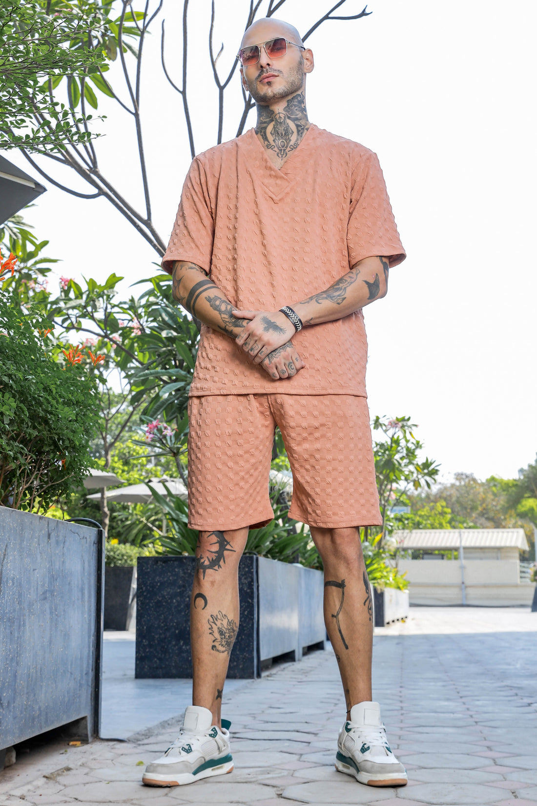 Unisex Brown Textured Oversized V-Neck Tee & Shorts Co-ord Set