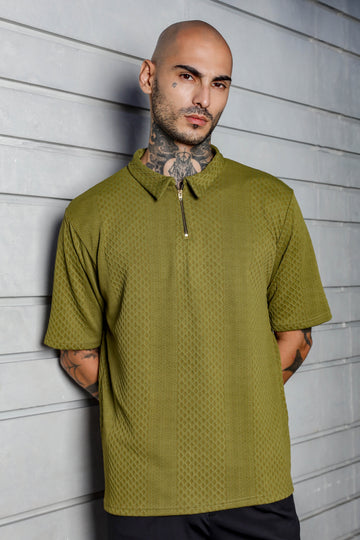 Olive Textured Polo Neck Oversized T-shirt