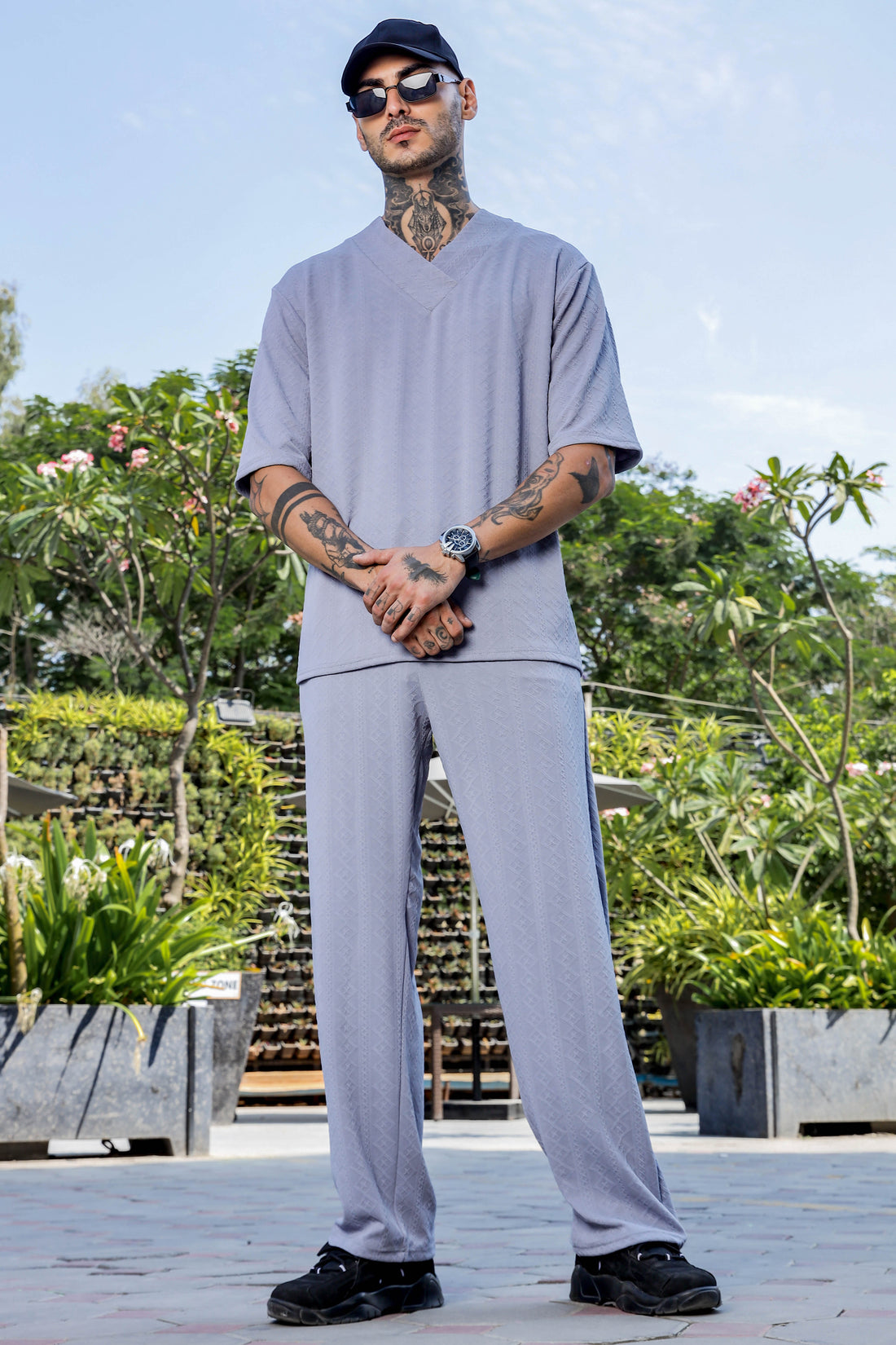 Unisex Grey Textured Oversized V-Neck Tee & Trackpant Co-ord Set