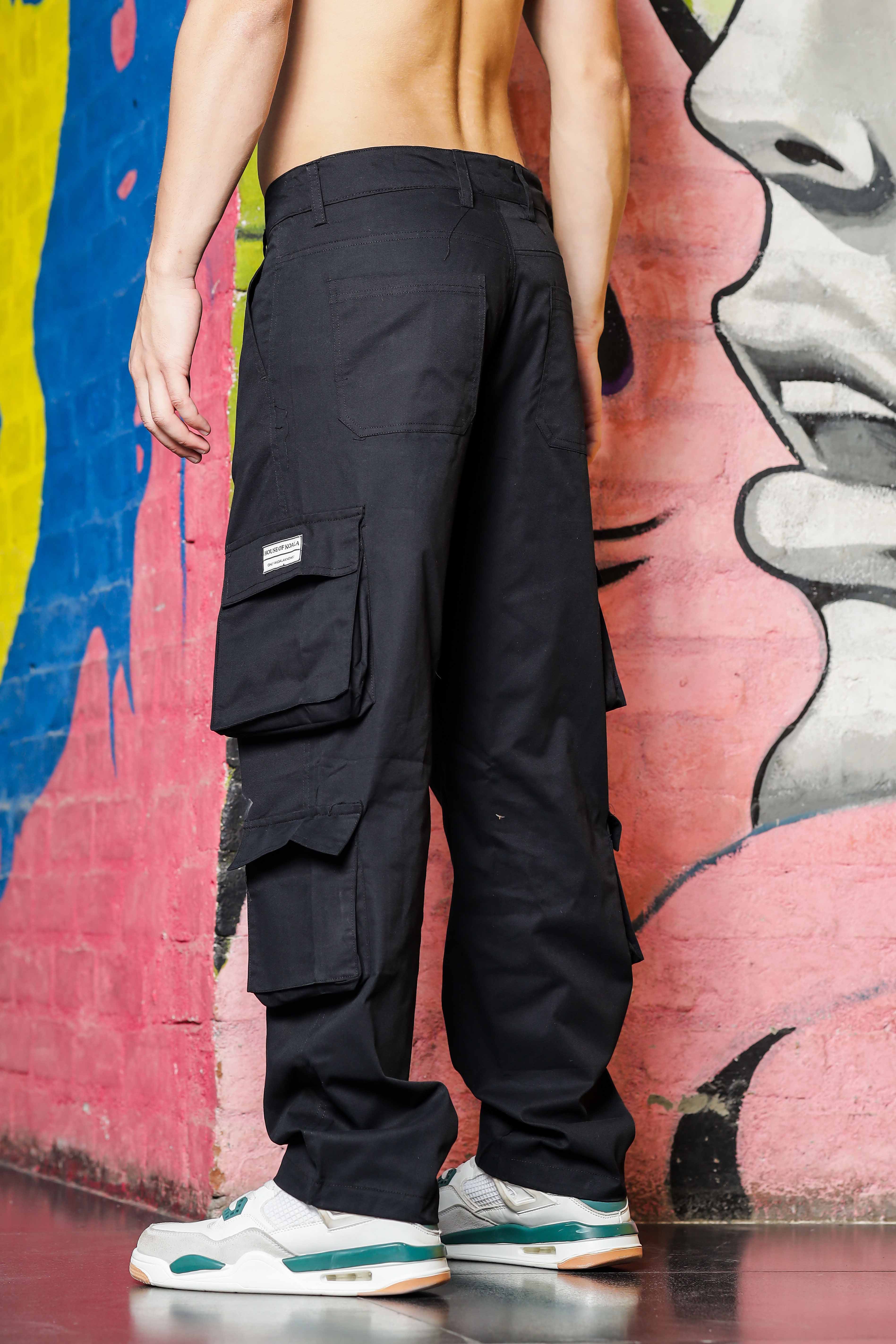 Buy Unisex Baggy Fit Black 8-Pocket Cargo Trousers – House of Koala
