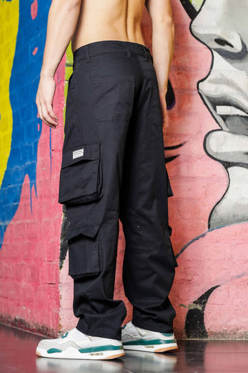 Black Baggy Fit Streetwear Style 8 Pocket Pure Cotton Cargo Trousers
