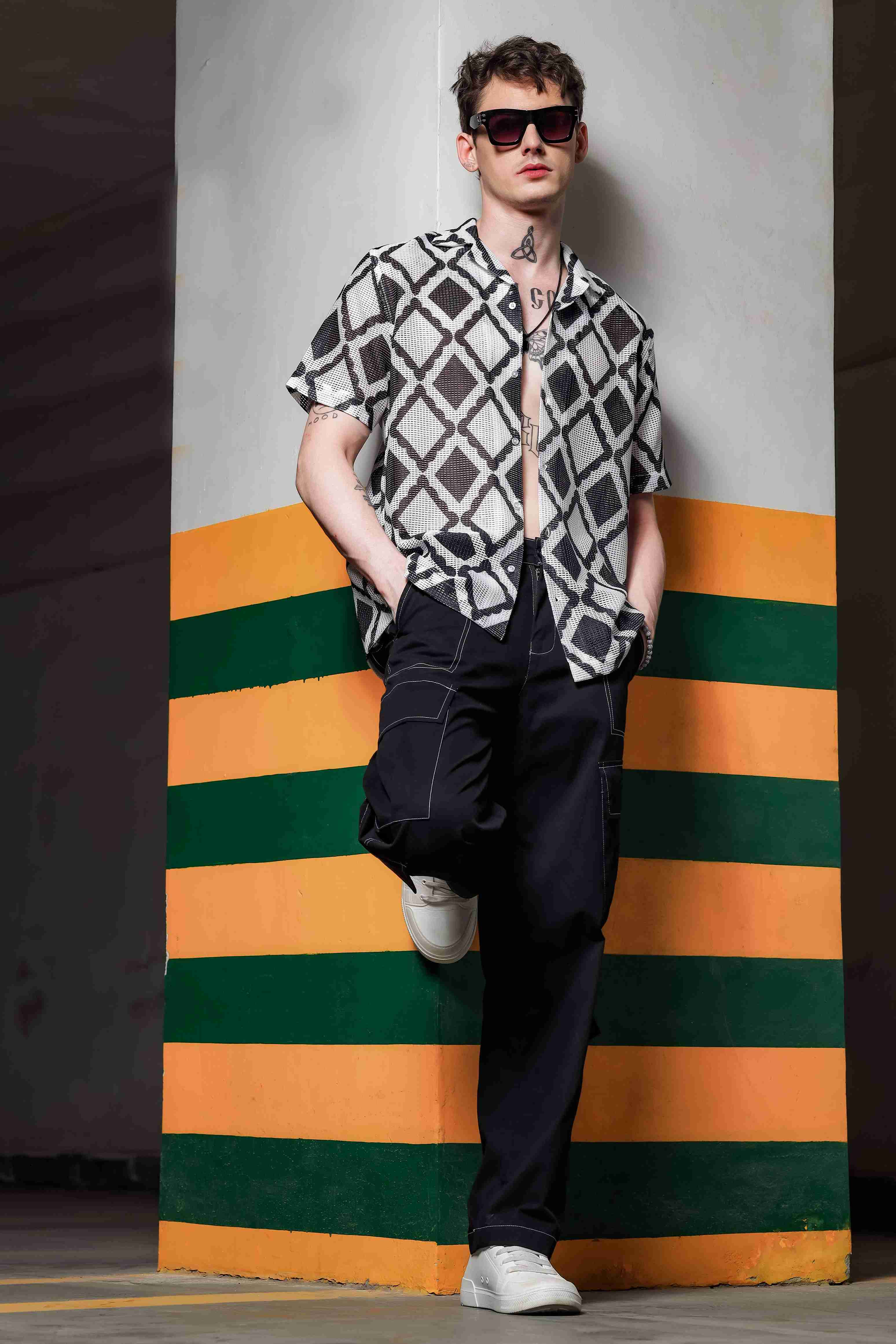 Black Printed Regular Fit Semi Sheer Crochet-Look Resort Shirt