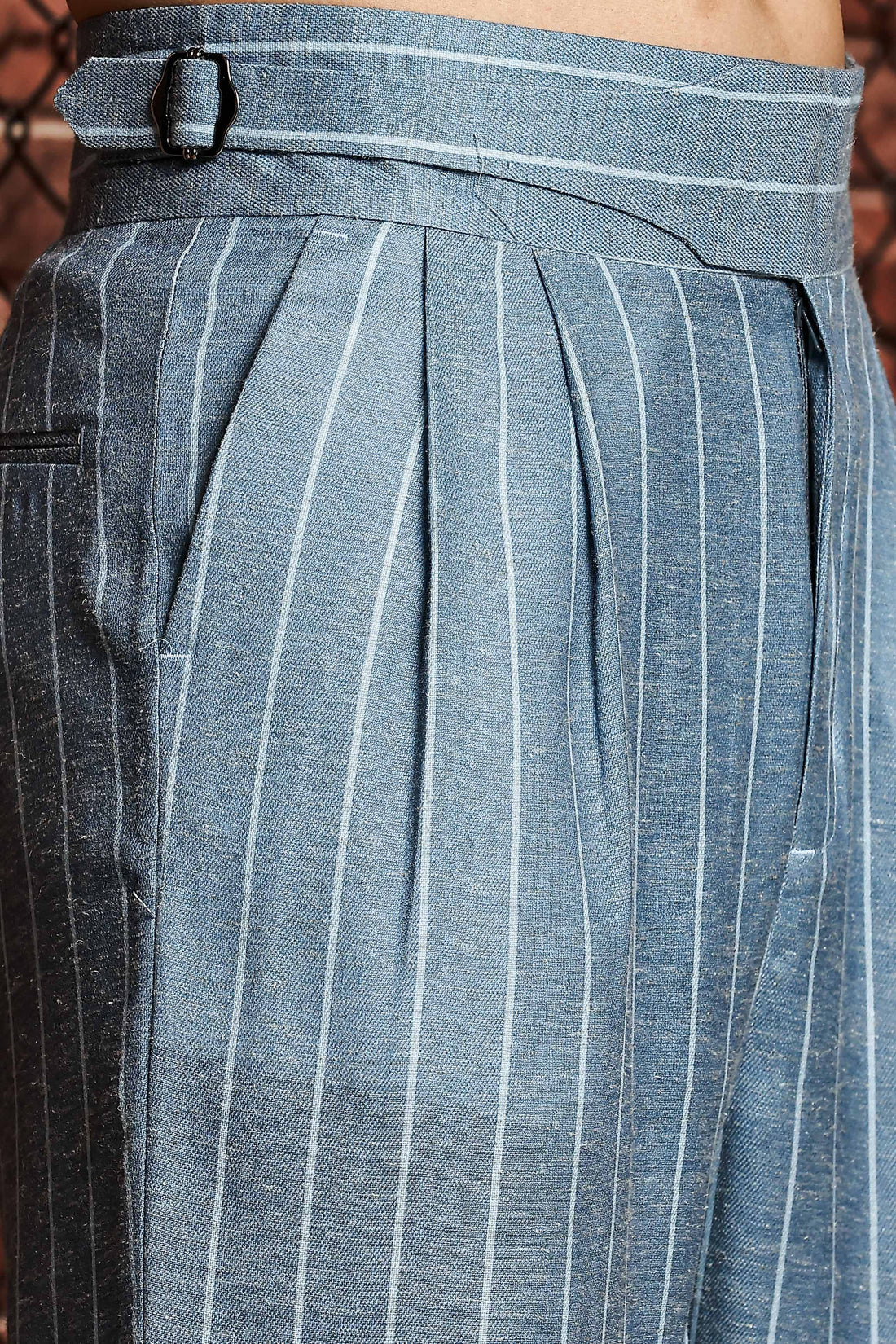 Blue Striped Linen Blend Gurkha Trousers