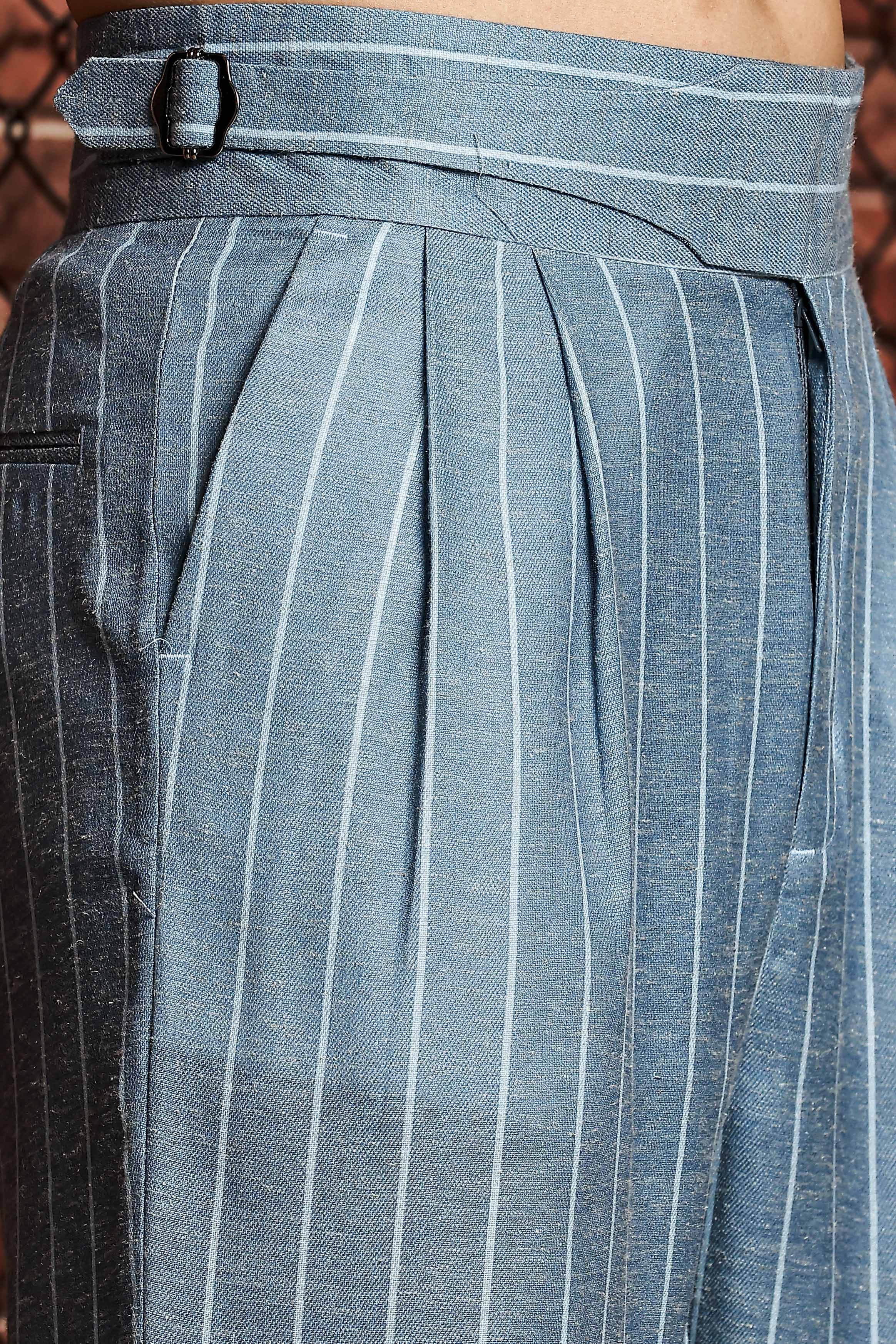 Blue Striped Linen Blend Gurkha Trousers