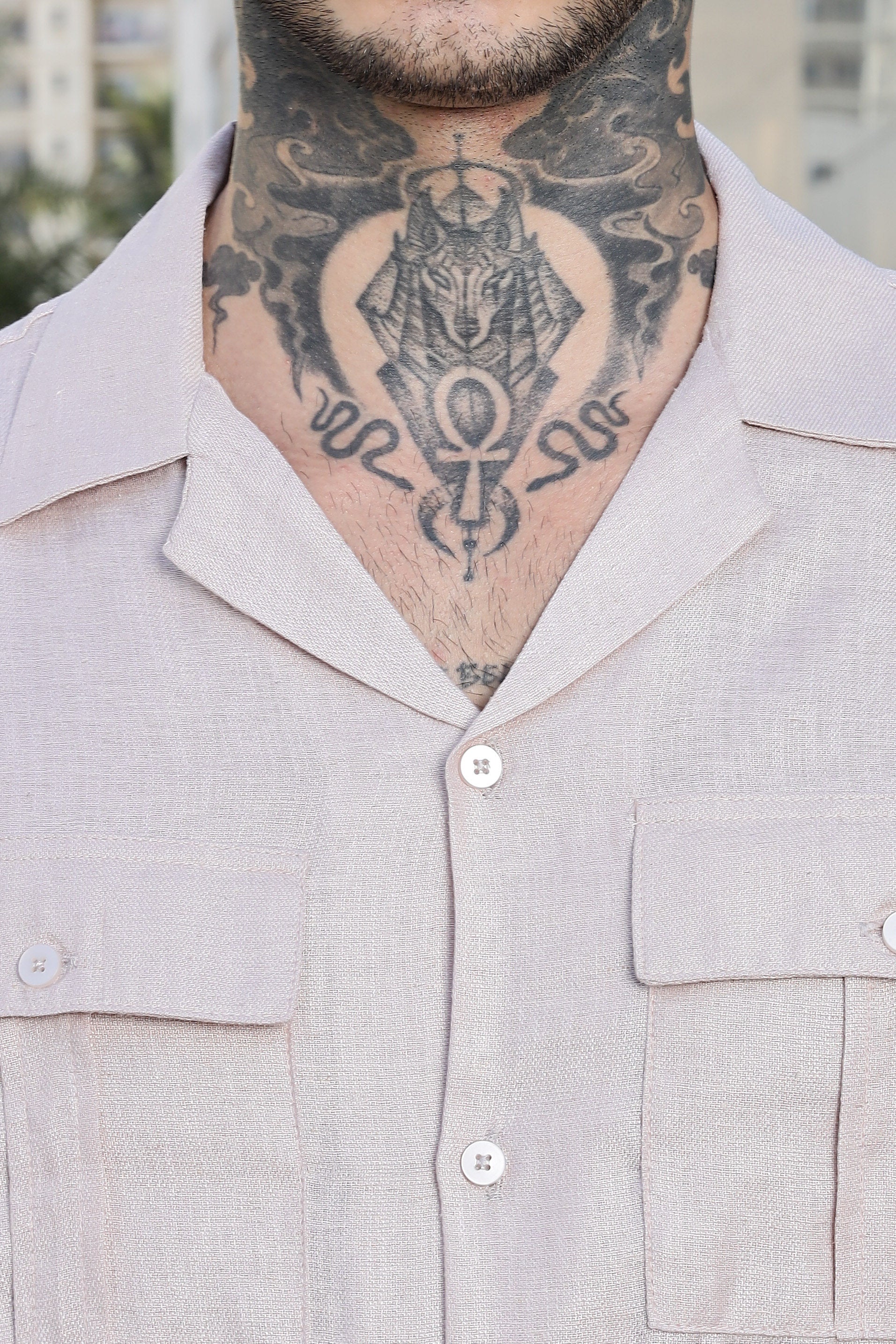 Pink Linen Blend Cuban Collar Classic Relaxed Fit  Shirt