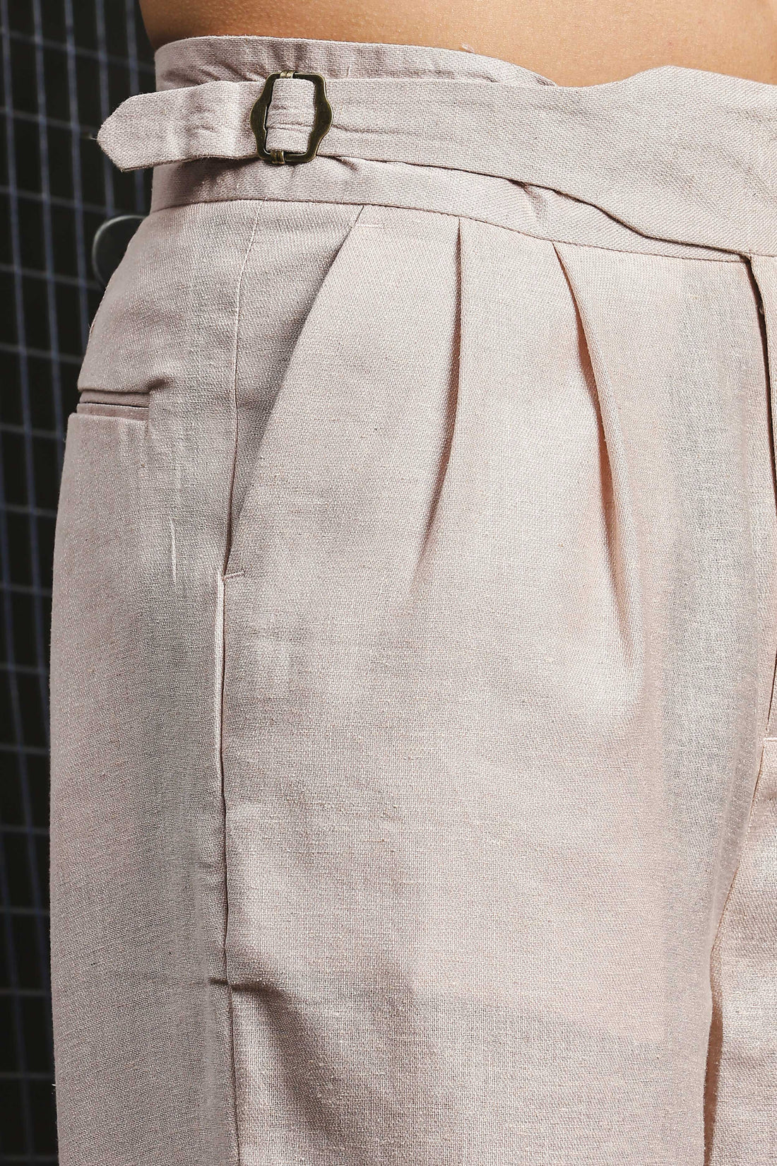 Powder Pink Solid Linen Blend Gurkha Trousers with Double Pleated Front