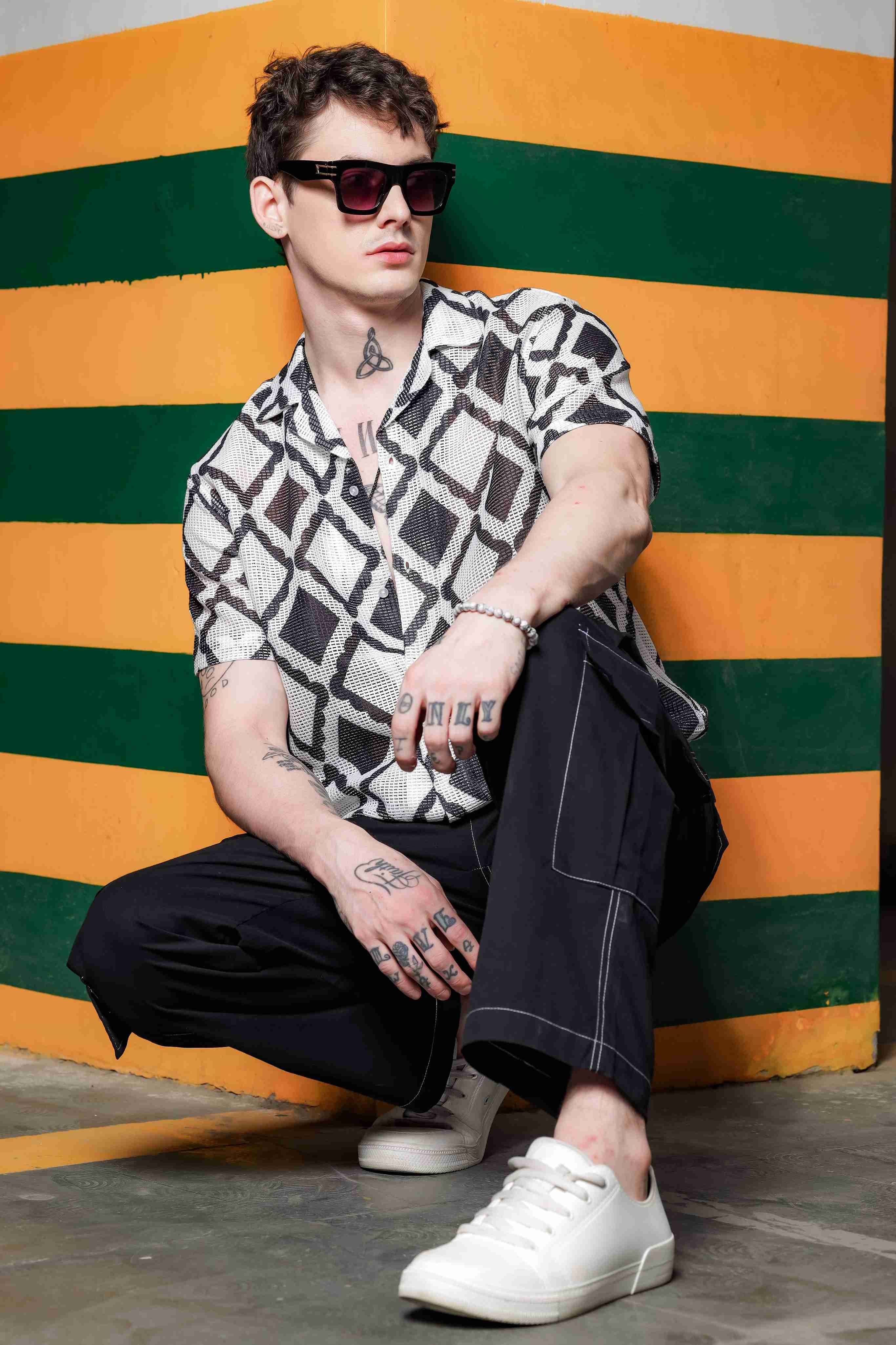 Black Printed Regular Fit Semi Sheer Crochet-Look Resort Shirt