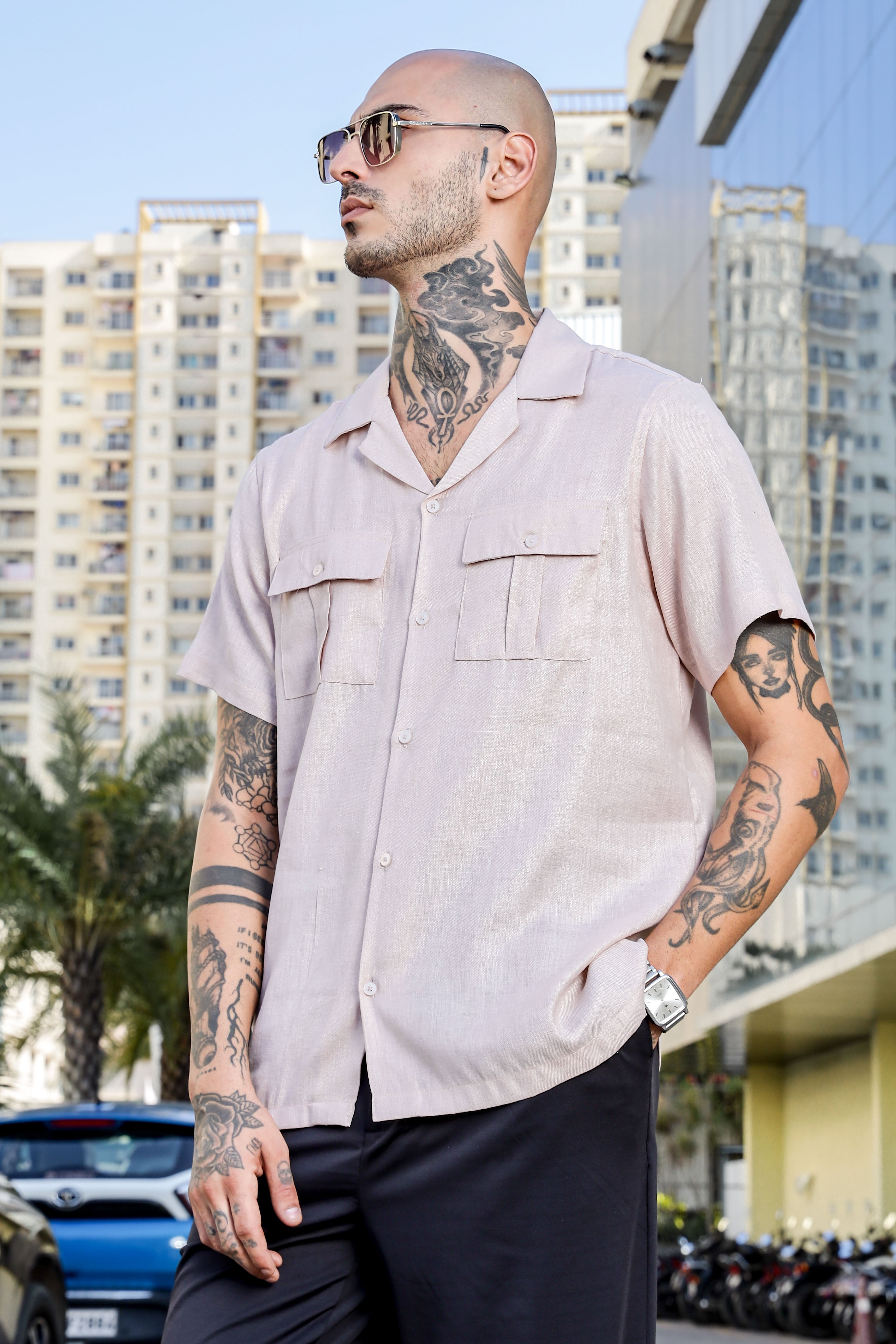 Pink Linen Blend Cuban Collar Classic Relaxed Fit  Shirt
