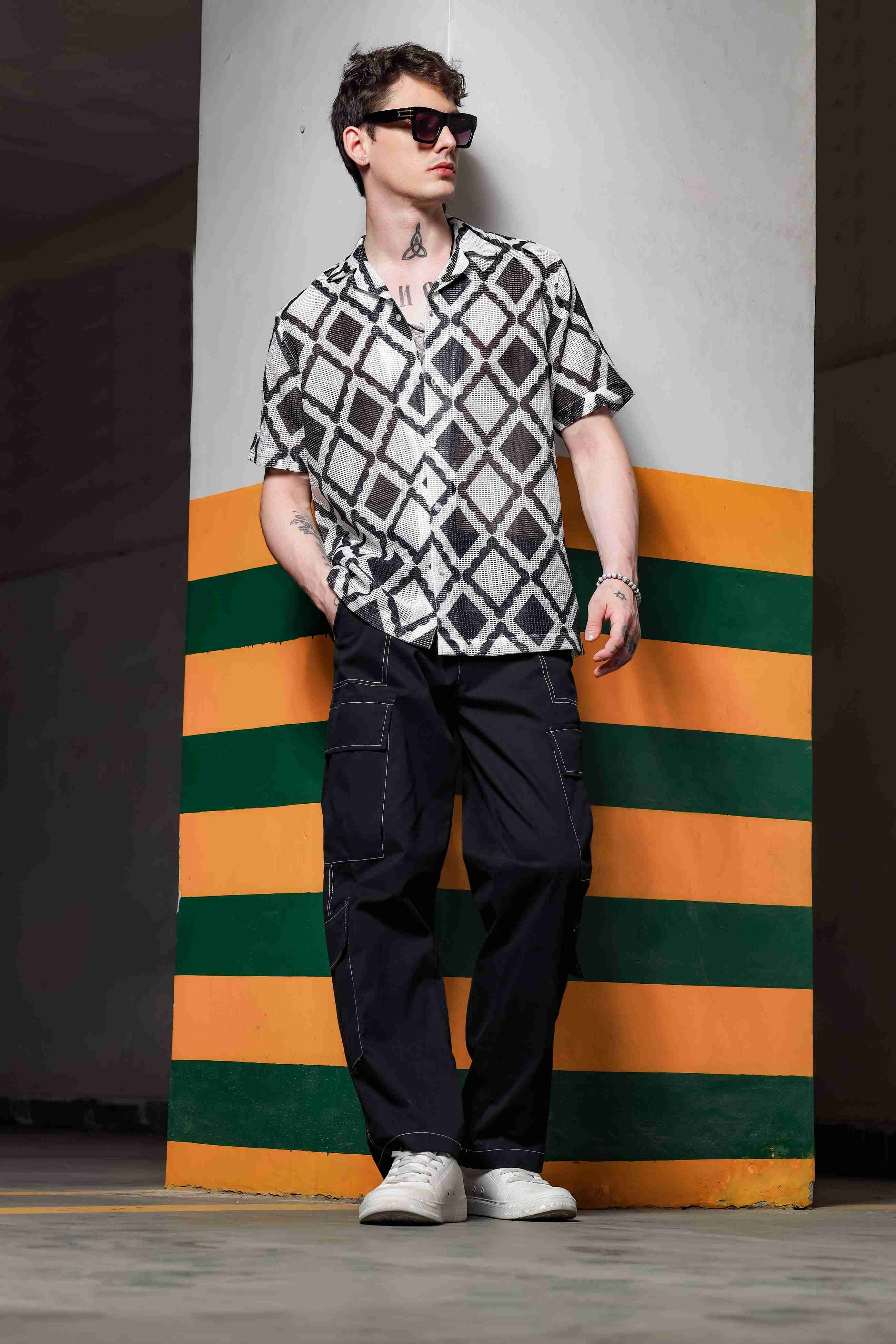 Black Printed Regular Fit Semi Sheer Crochet-Look Resort Shirt