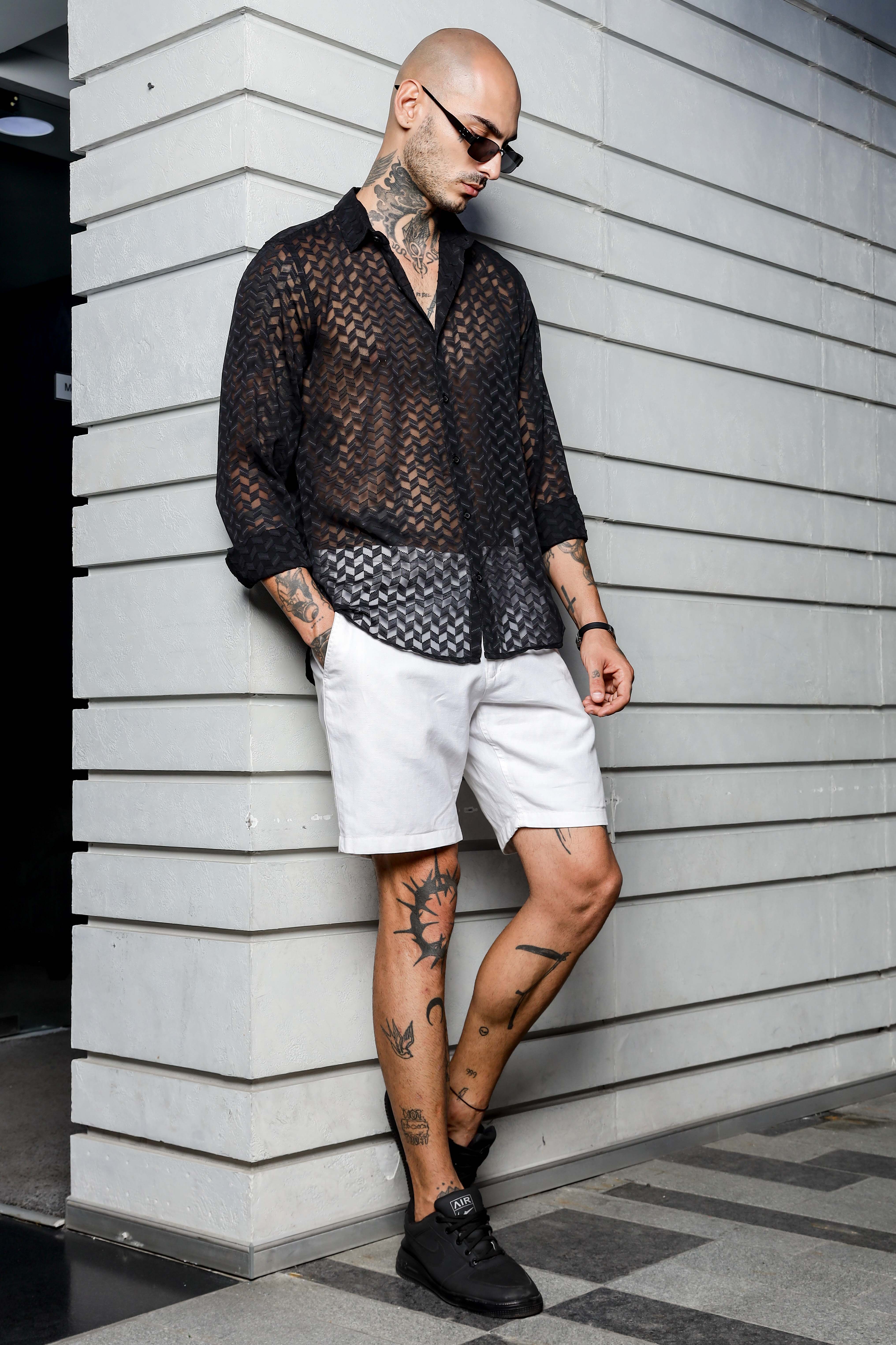 Black Classic Semi Sheer Georgette Relaxed Fit Shirt