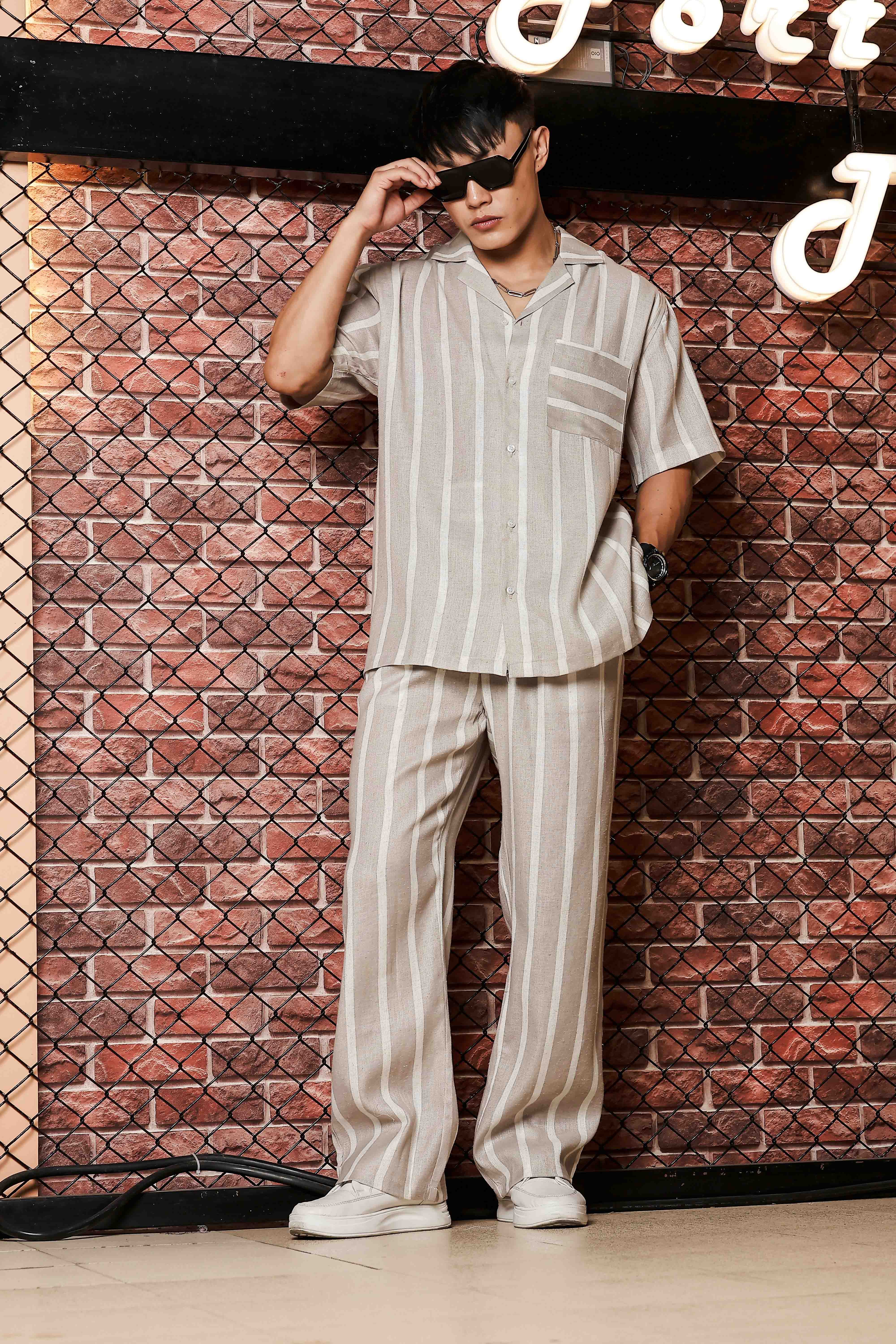 Beige & White Striped Linen Blend Gurkha Trousers