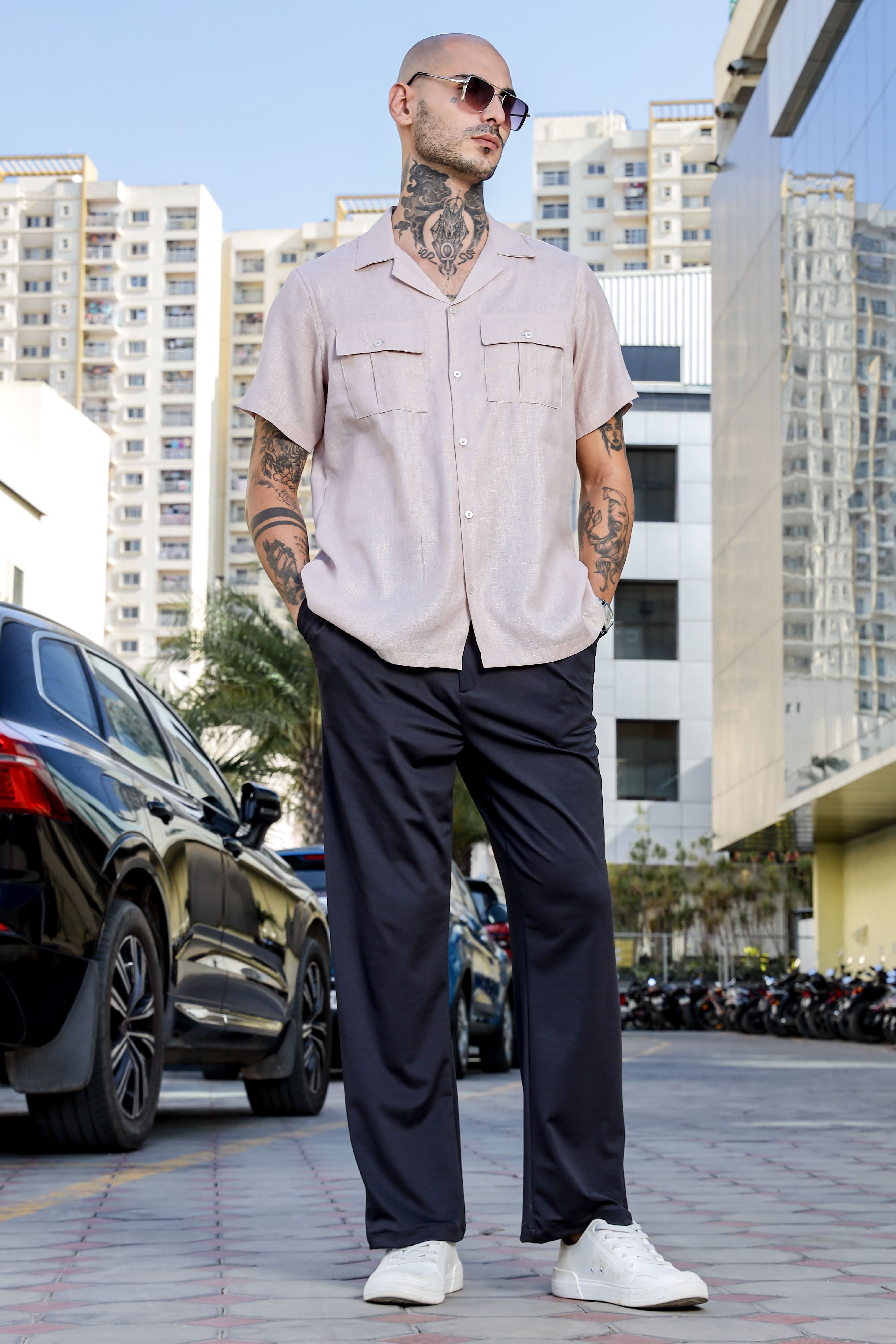 Pink Linen Blend Cuban Collar Classic Relaxed Fit  Shirt