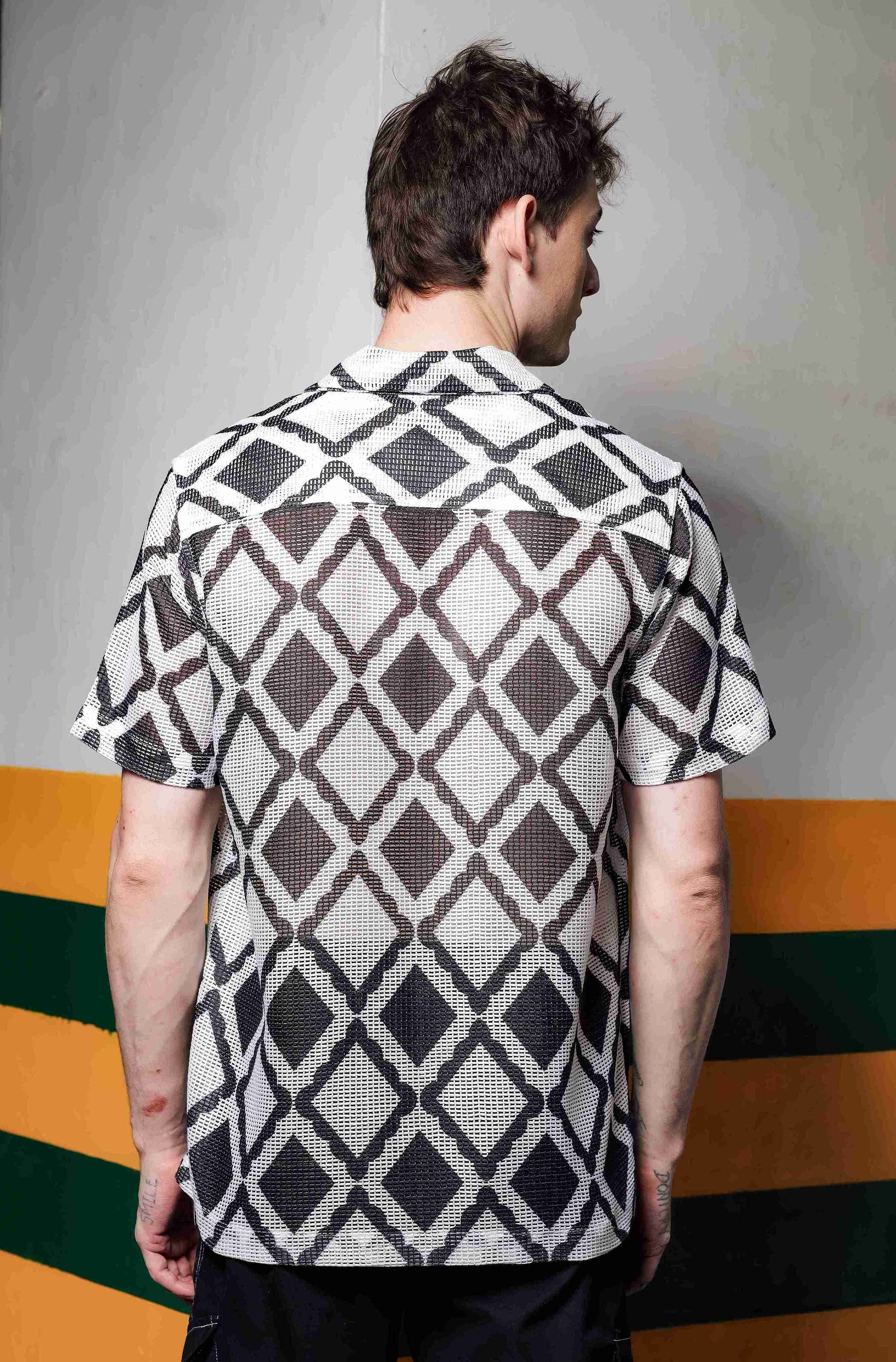 Black Printed Regular Fit Semi Sheer Crochet-Look Resort Shirt