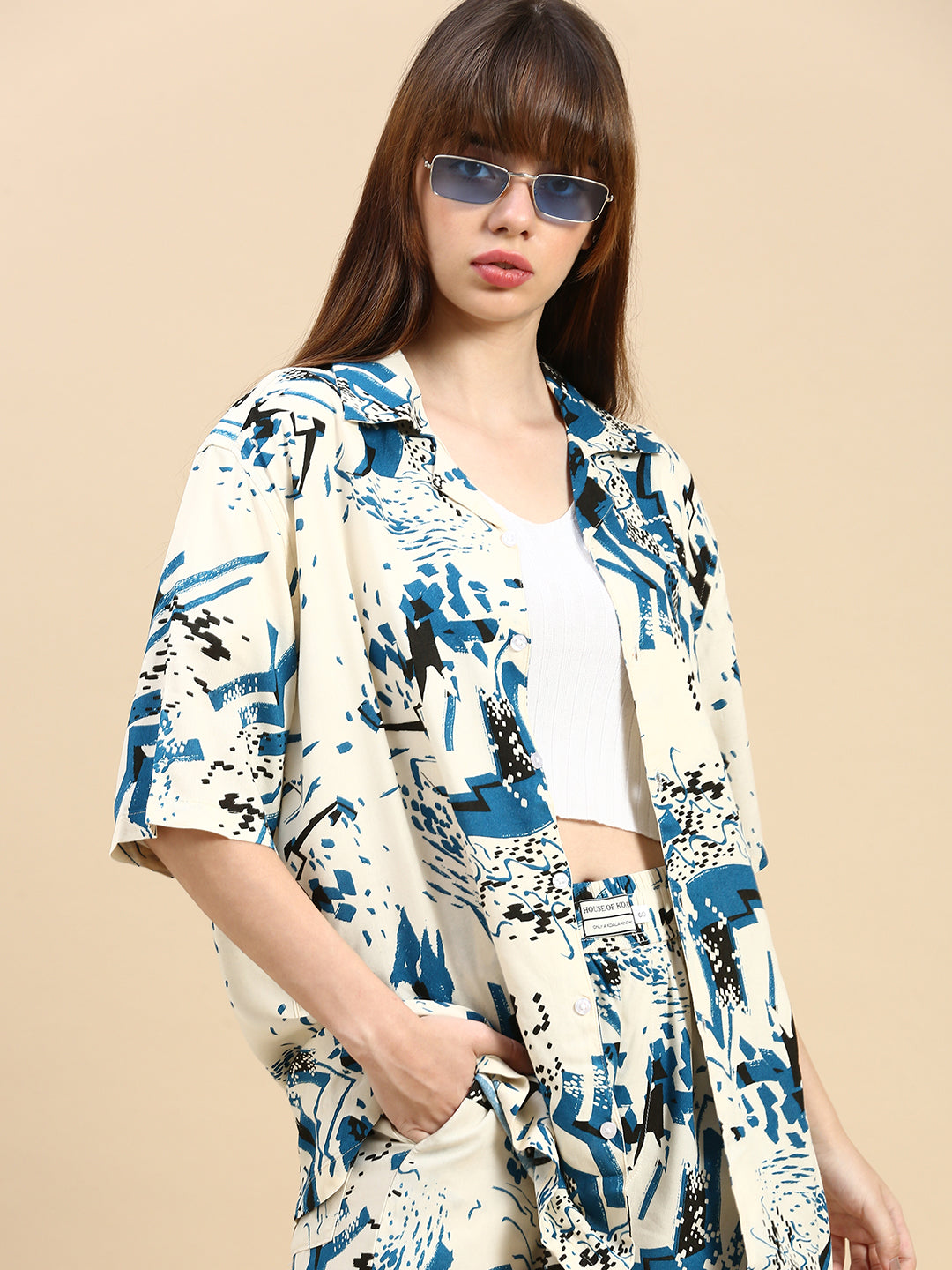 Off White Relaxed Fit Cuban Collar Shirt & All Day Pants Abstract Printed Co-ord Set