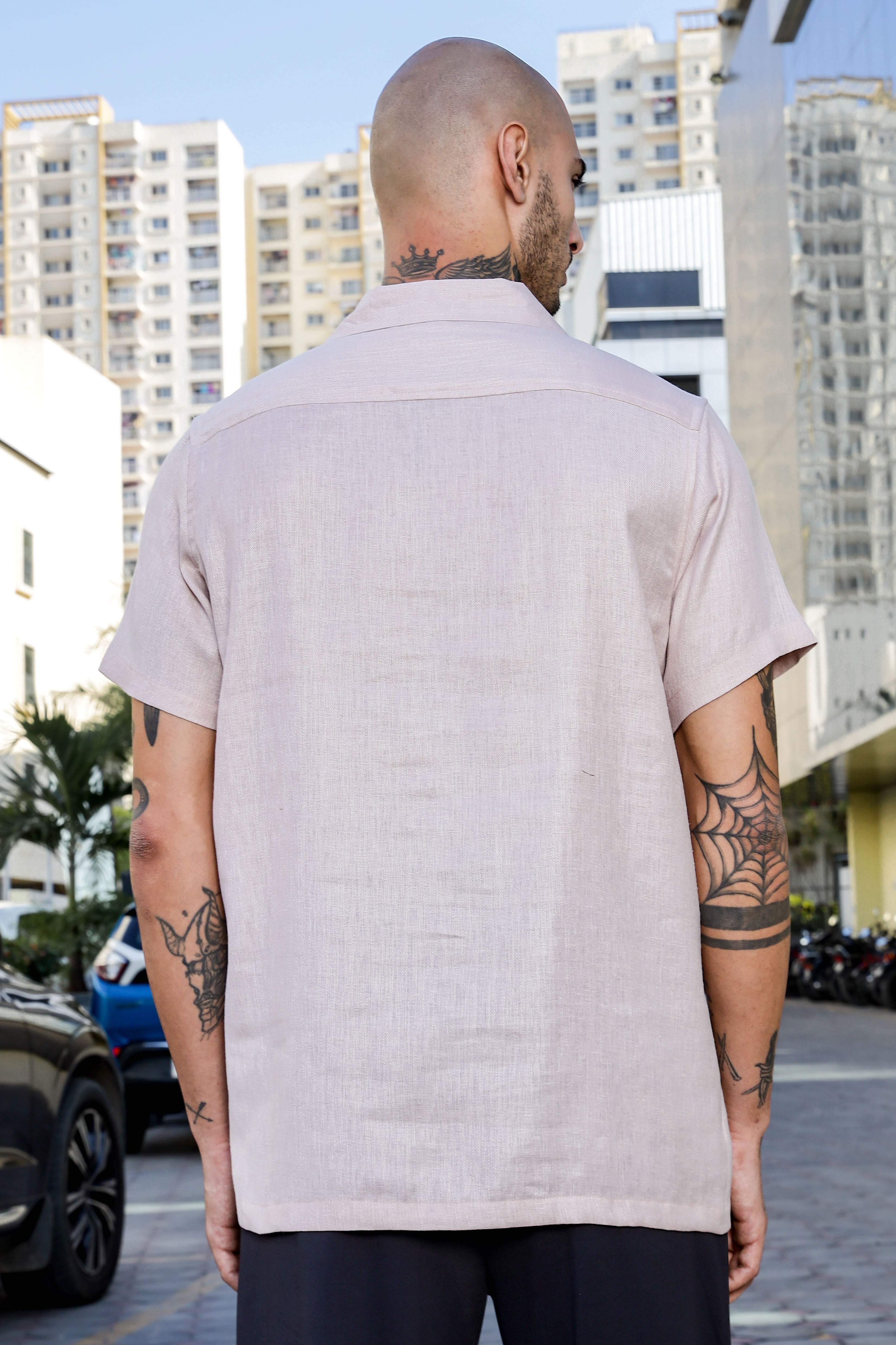 Pink Linen Blend Cuban Collar Classic Relaxed Fit  Shirt