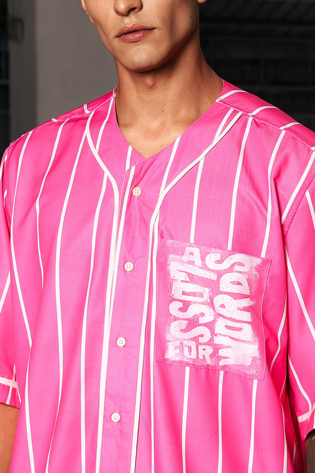 Men Striped Printed Pink Classic Oversized Fit Baseball Shirt