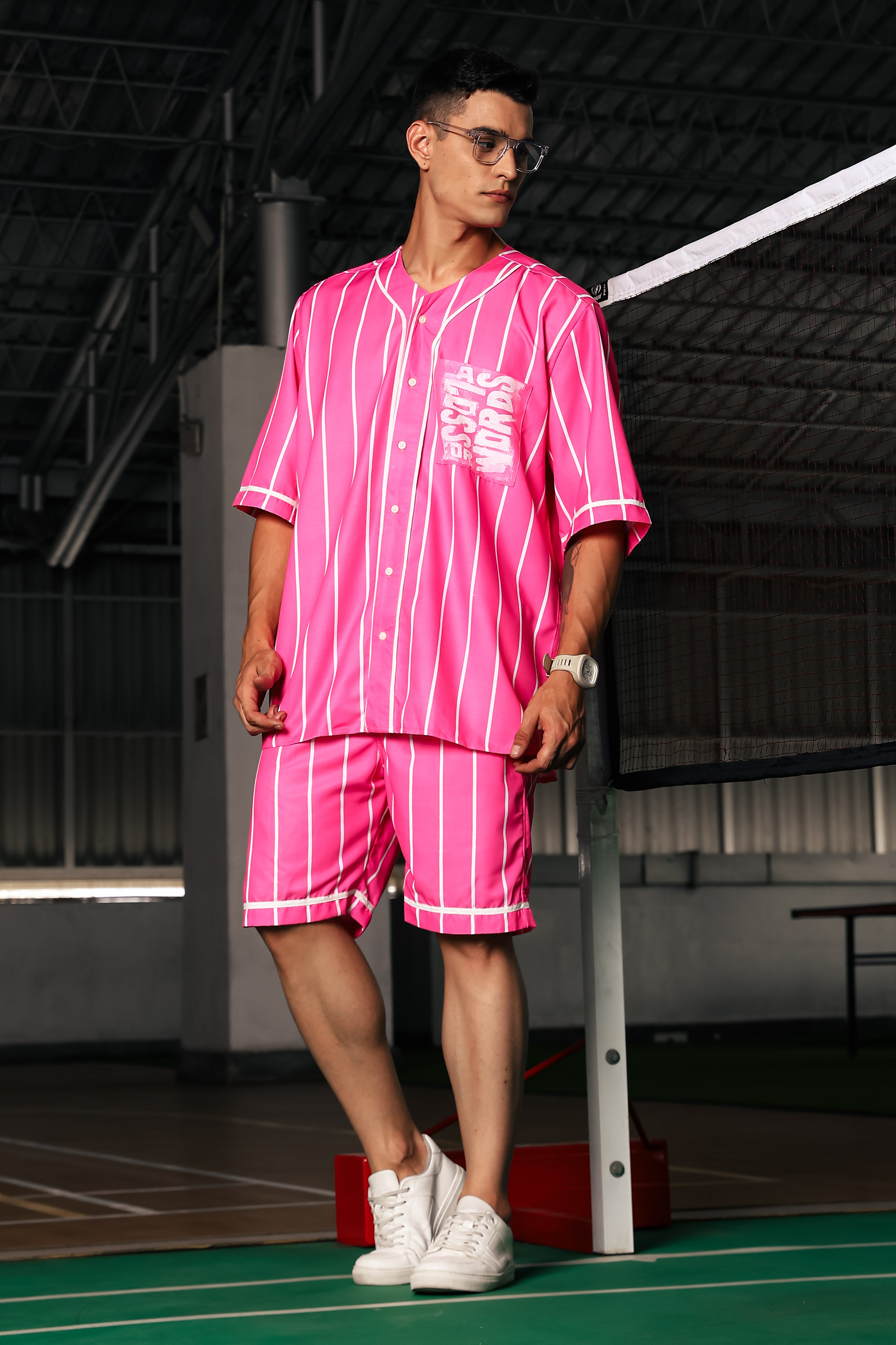 Men Striped Printed Pink Classic Oversized Fit Baseball Shirt