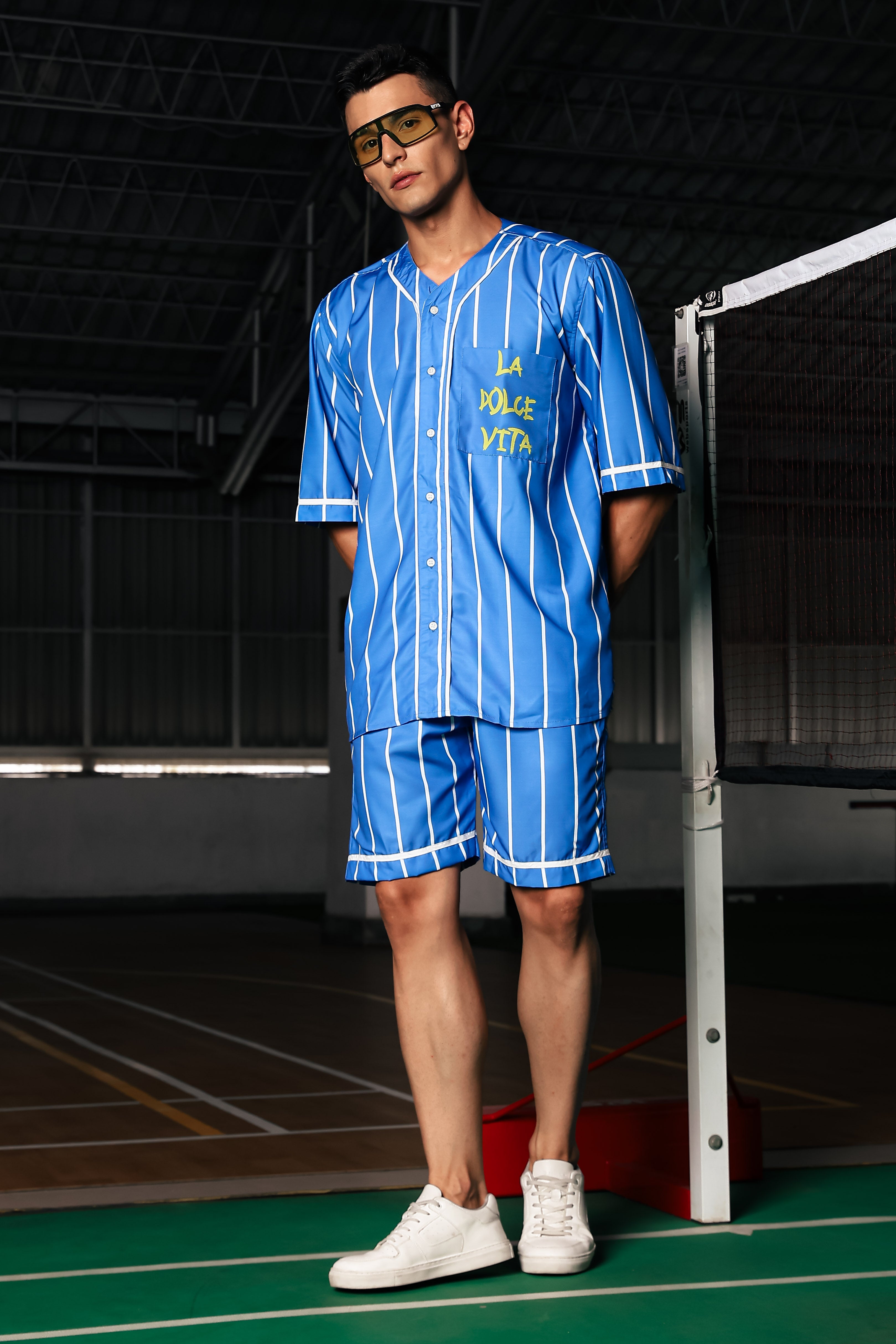 Men Stripe Printed Blue Classic Oversized Fit Baseball Shirt