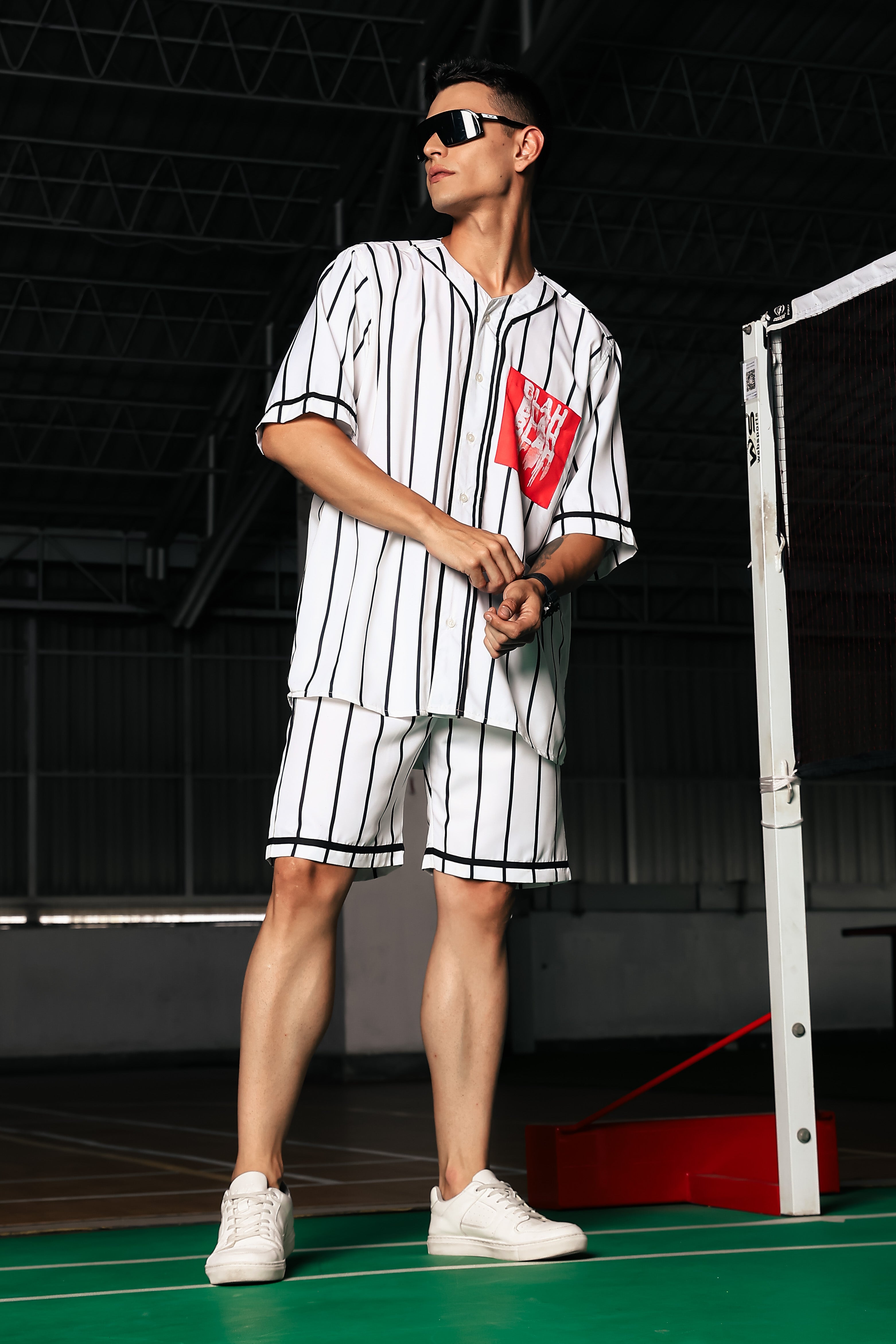 Black & White Stripe Printed Oversized Baseball Resort Shirt & Shorts Co-ord Set