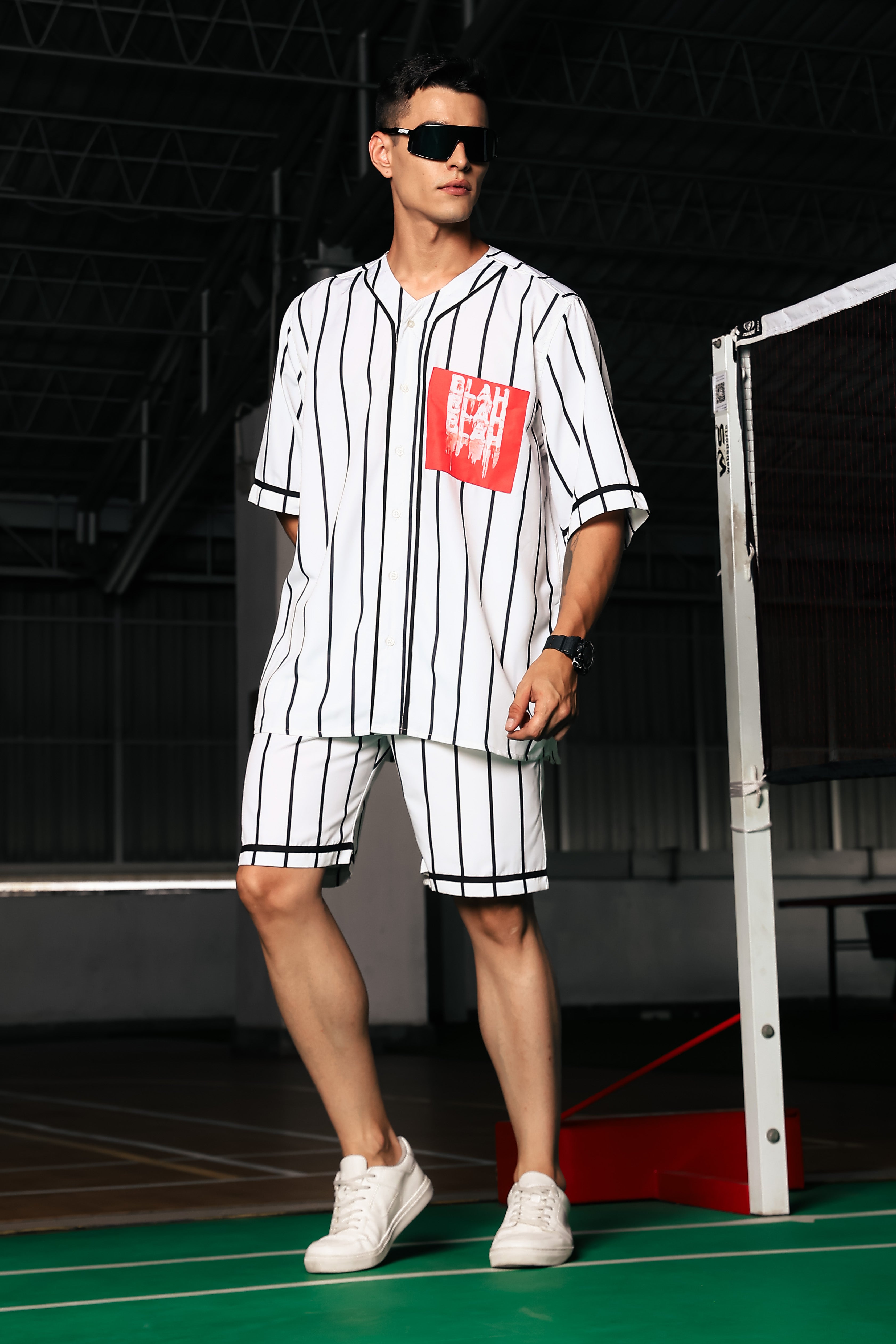 Men Stripe Printed White Classic Oversized Fit Baseball Shirt