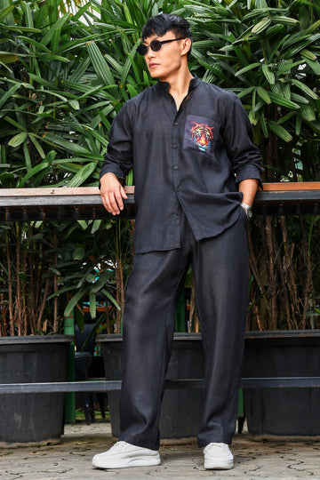 Black Linen Blend Casual Relaxed Fit Mandarin Collar Shirt & All Day Pants Co-Ord Set