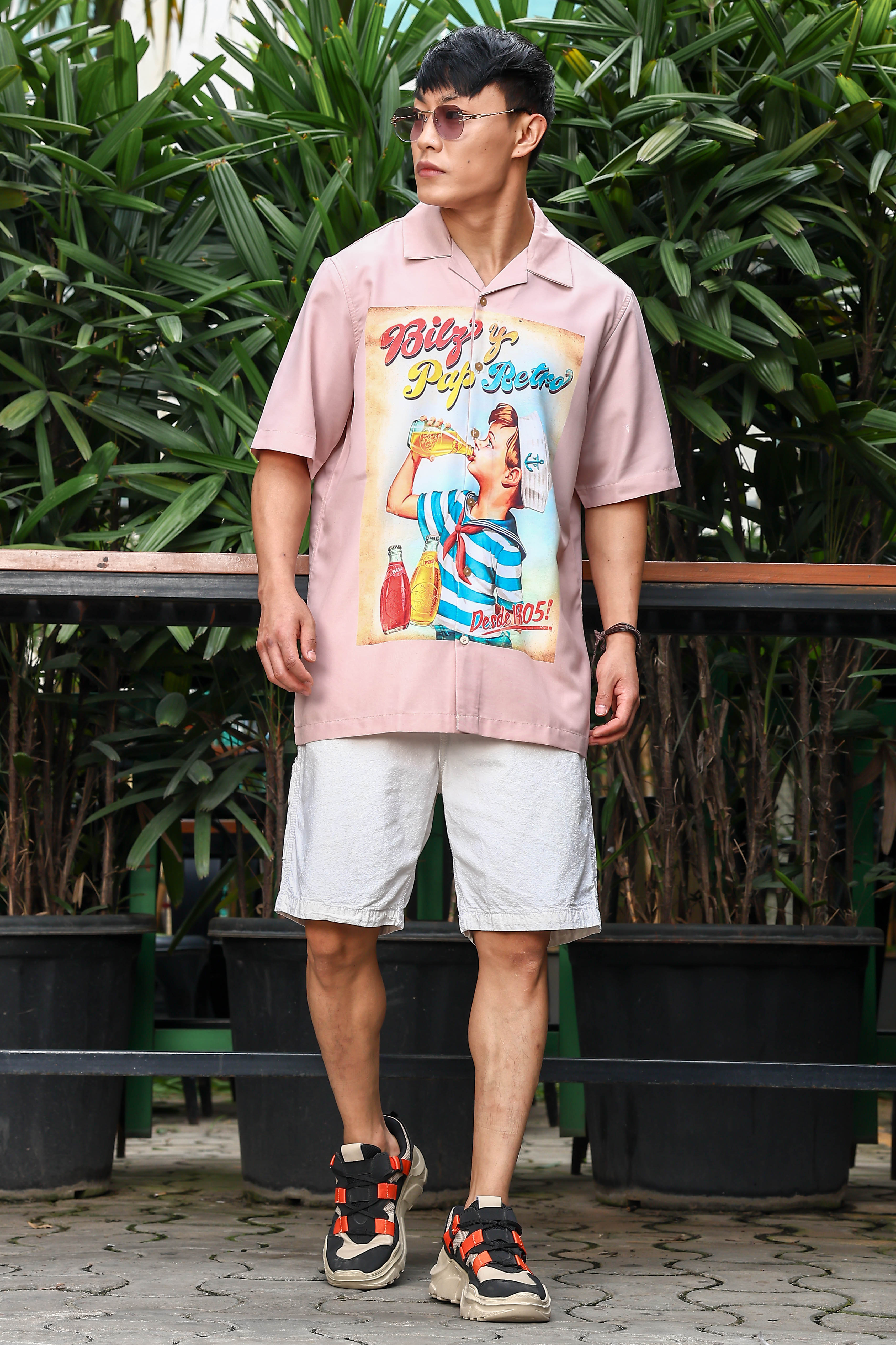 Men Placement Print Pink Classic Relaxed Fit Resort Shirt