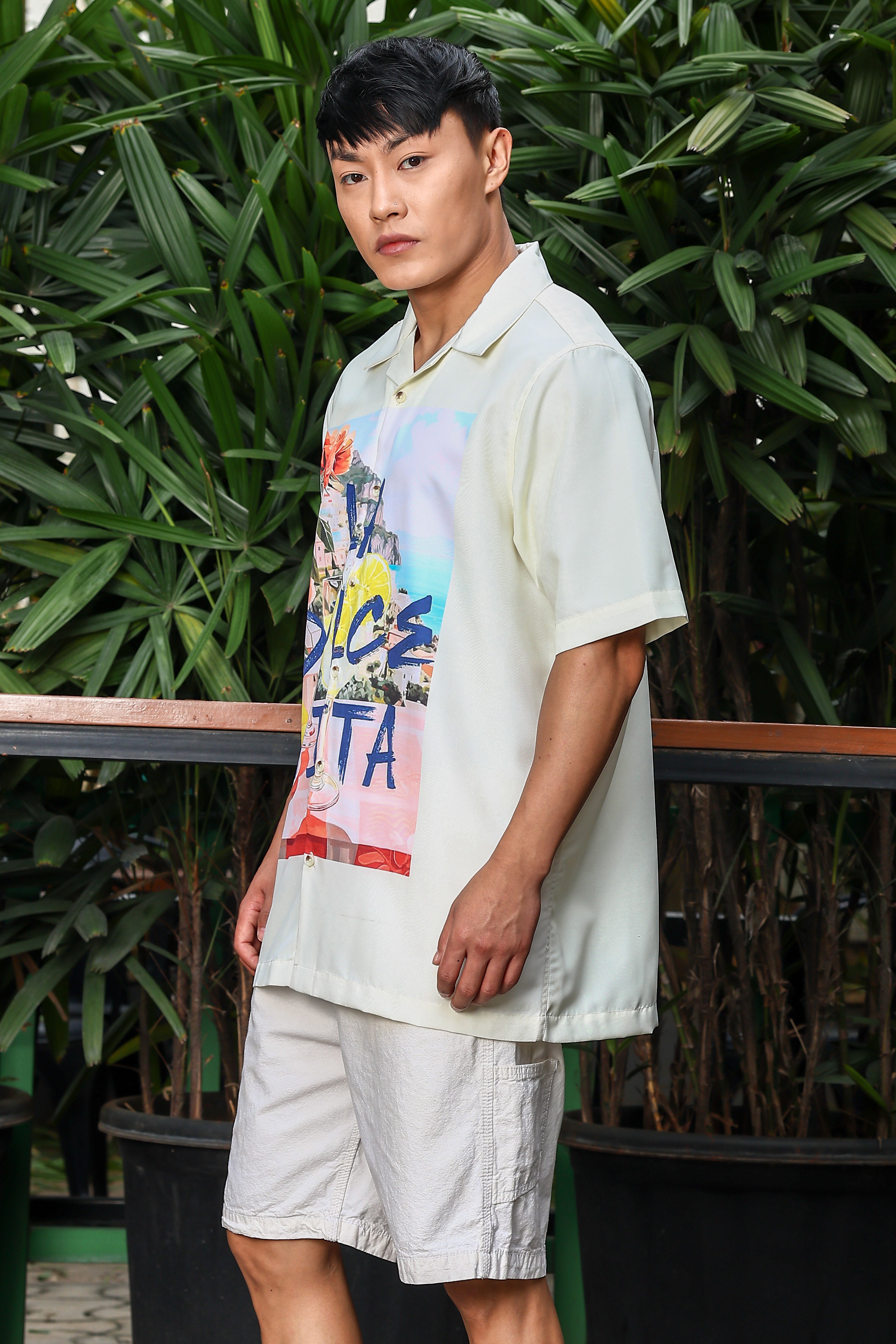 Men Placement Print Yellow Classic Relaxed Fit Resort Shirt