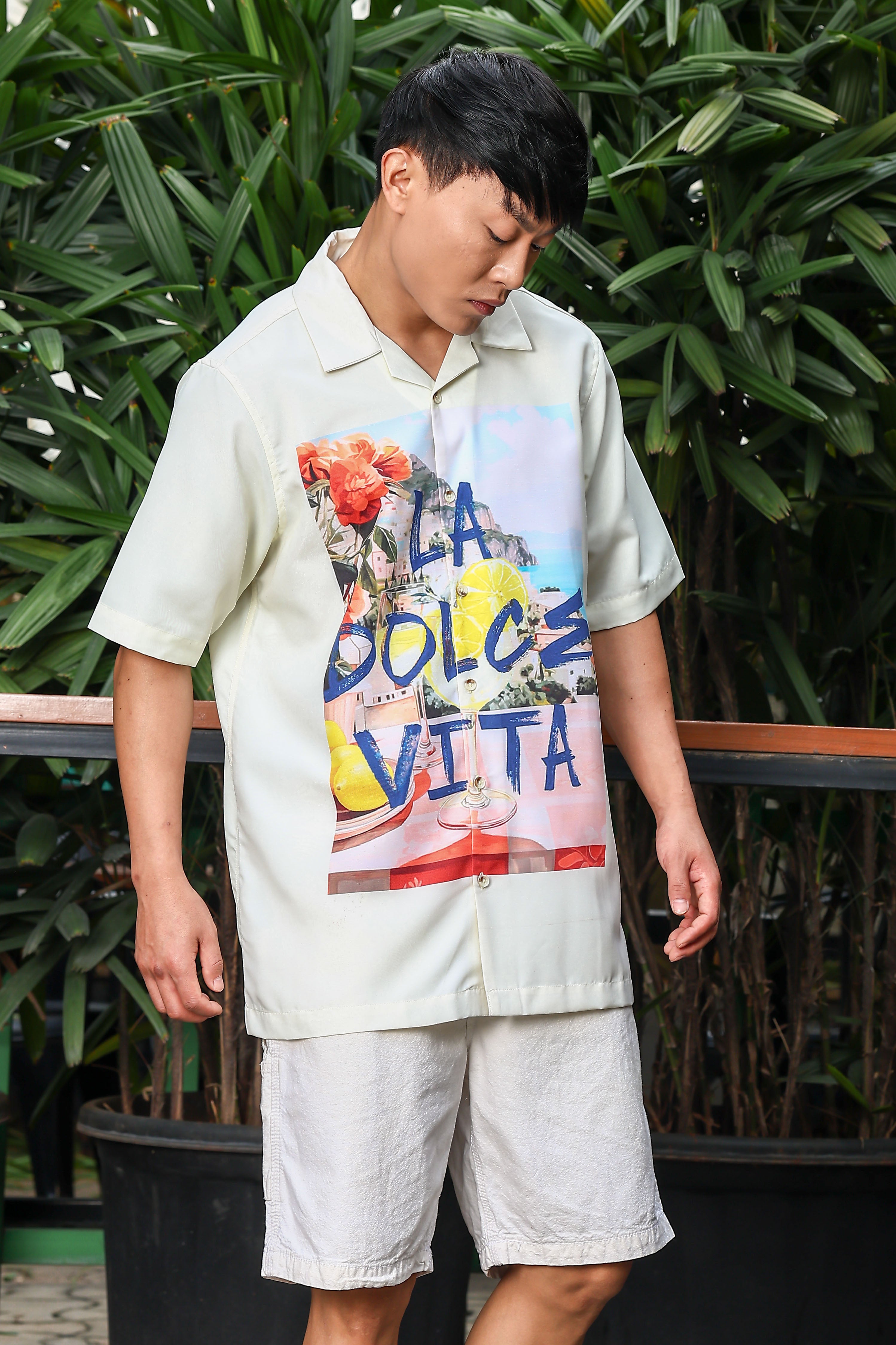 Men Placement Print Yellow Classic Relaxed Fit Resort Shirt