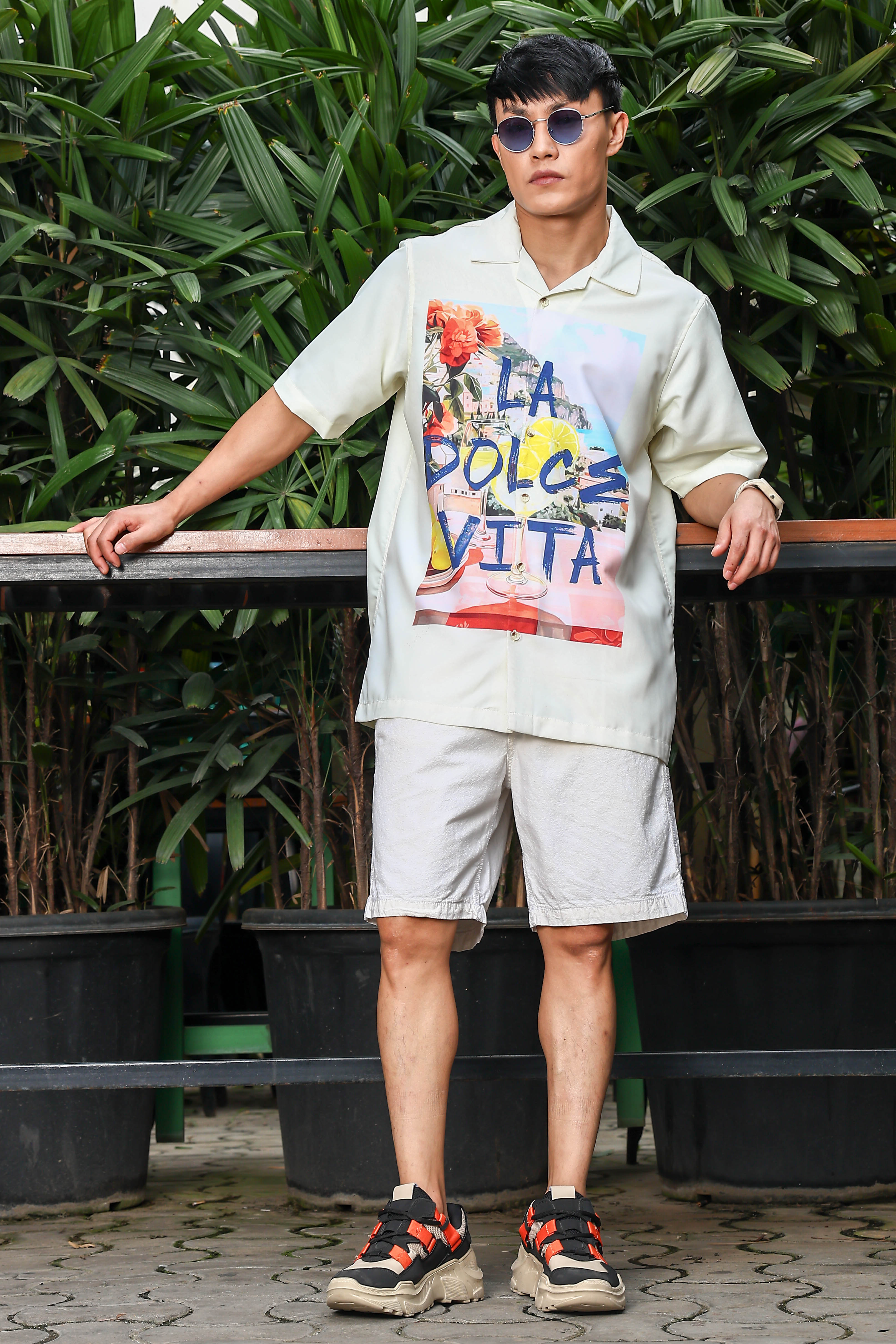 Men Placement Print Yellow Classic Relaxed Fit Resort Shirt