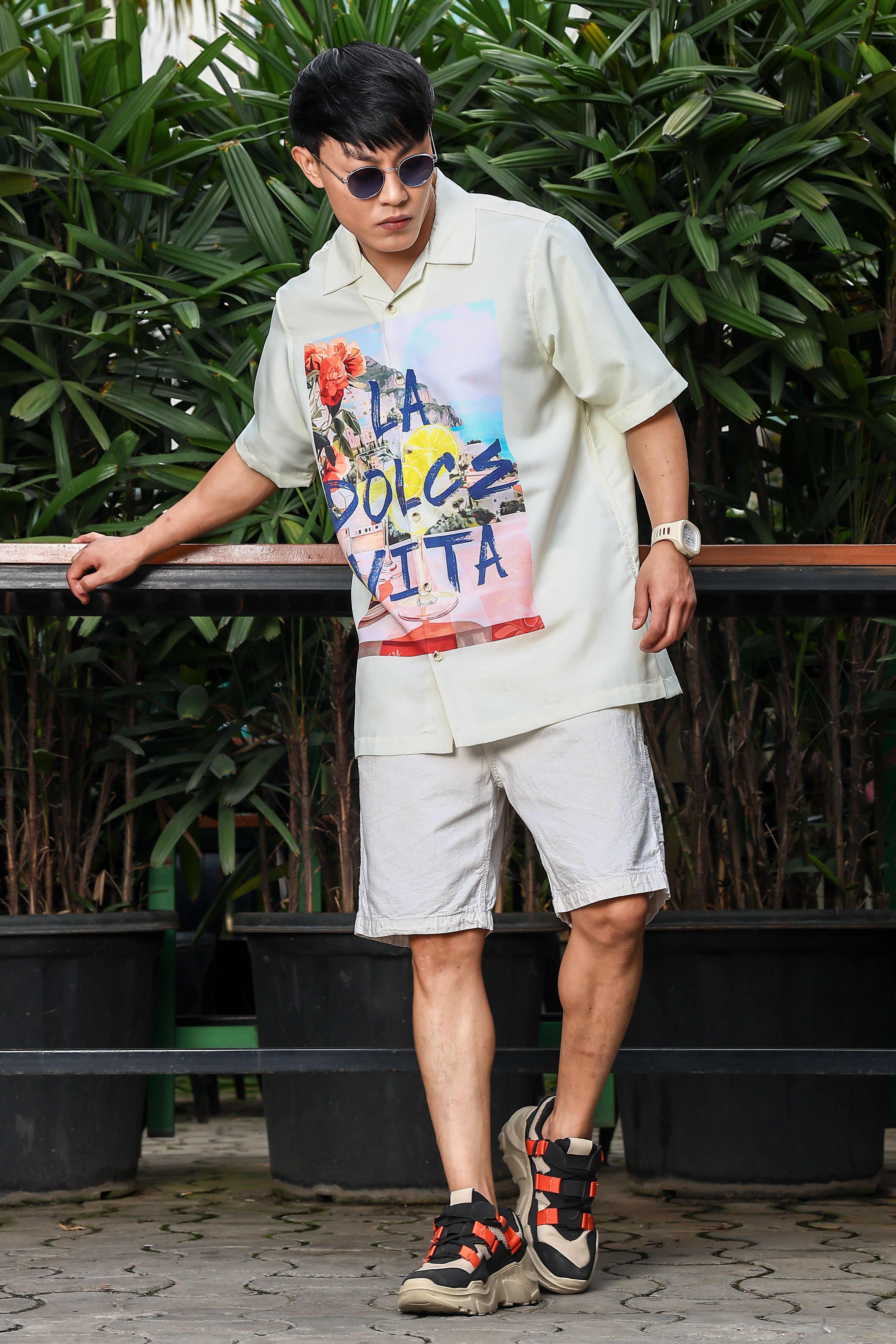 Men Placement Print Yellow Classic Relaxed Fit Resort Shirt