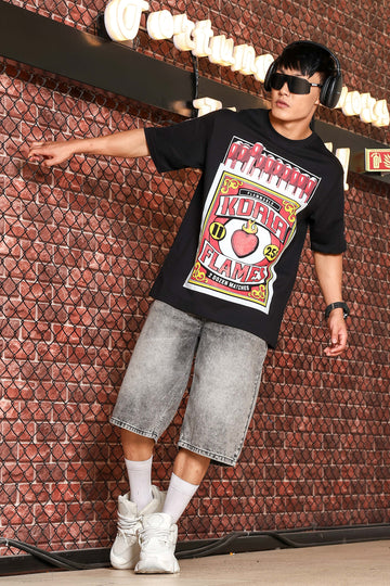 Black Oversized Printed Premium Drop-Shoulder Sleeve Pure Cotton T-shirt