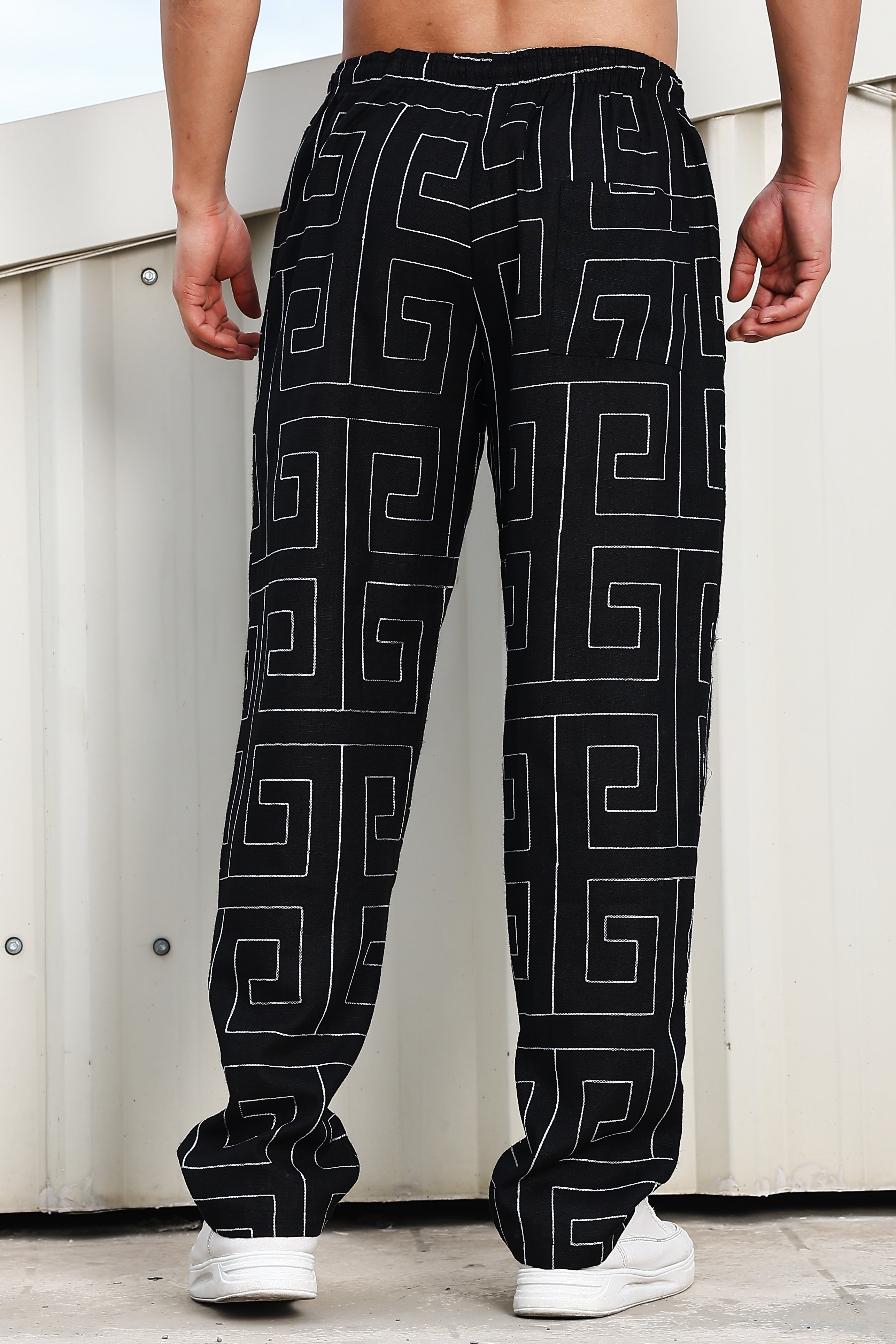 Black Linen Blend Embroidered Korean Streetstyle Regular Fit All Day Pants