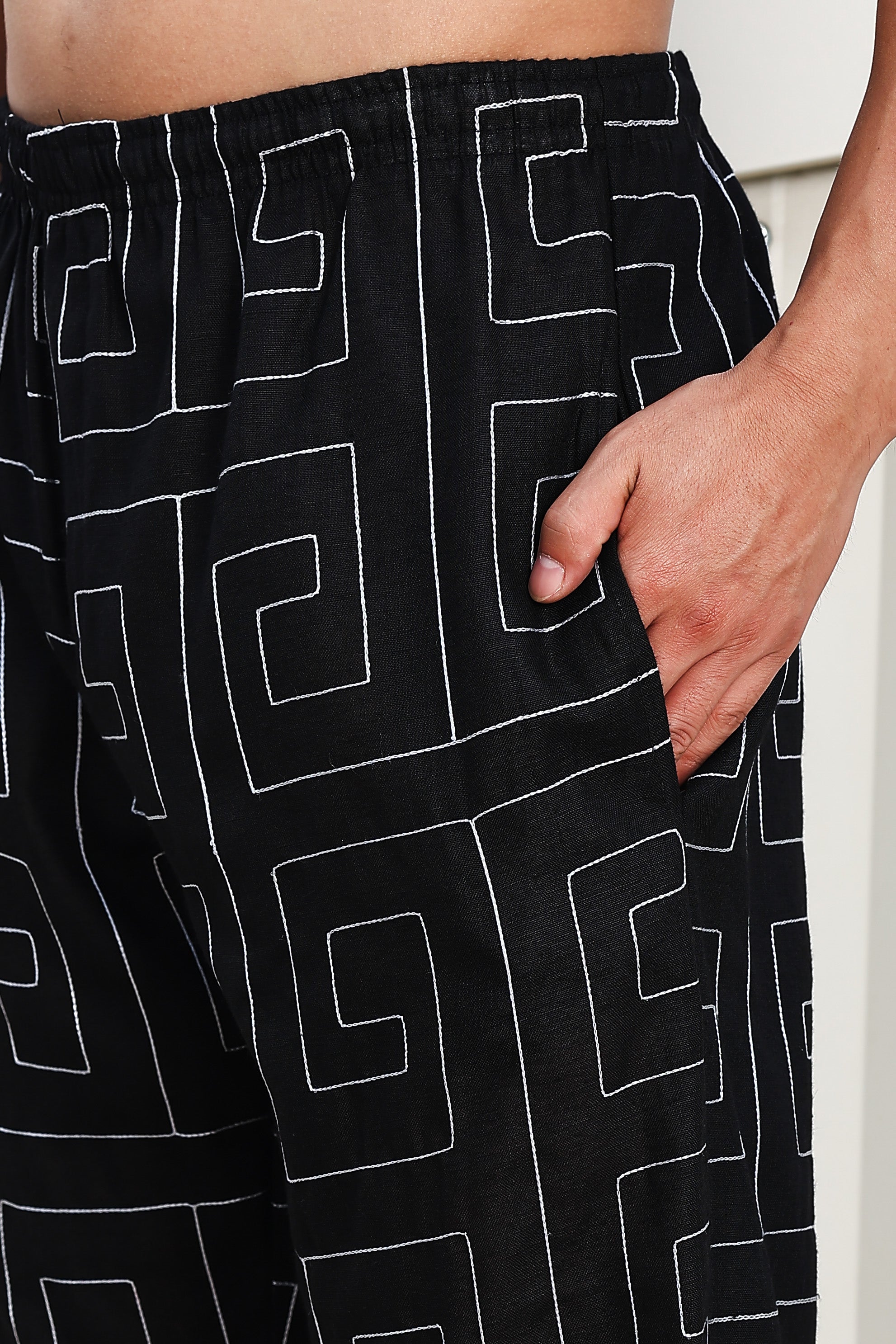 Black Linen Blend Embroidered Korean Streetstyle Regular Fit All Day Pants