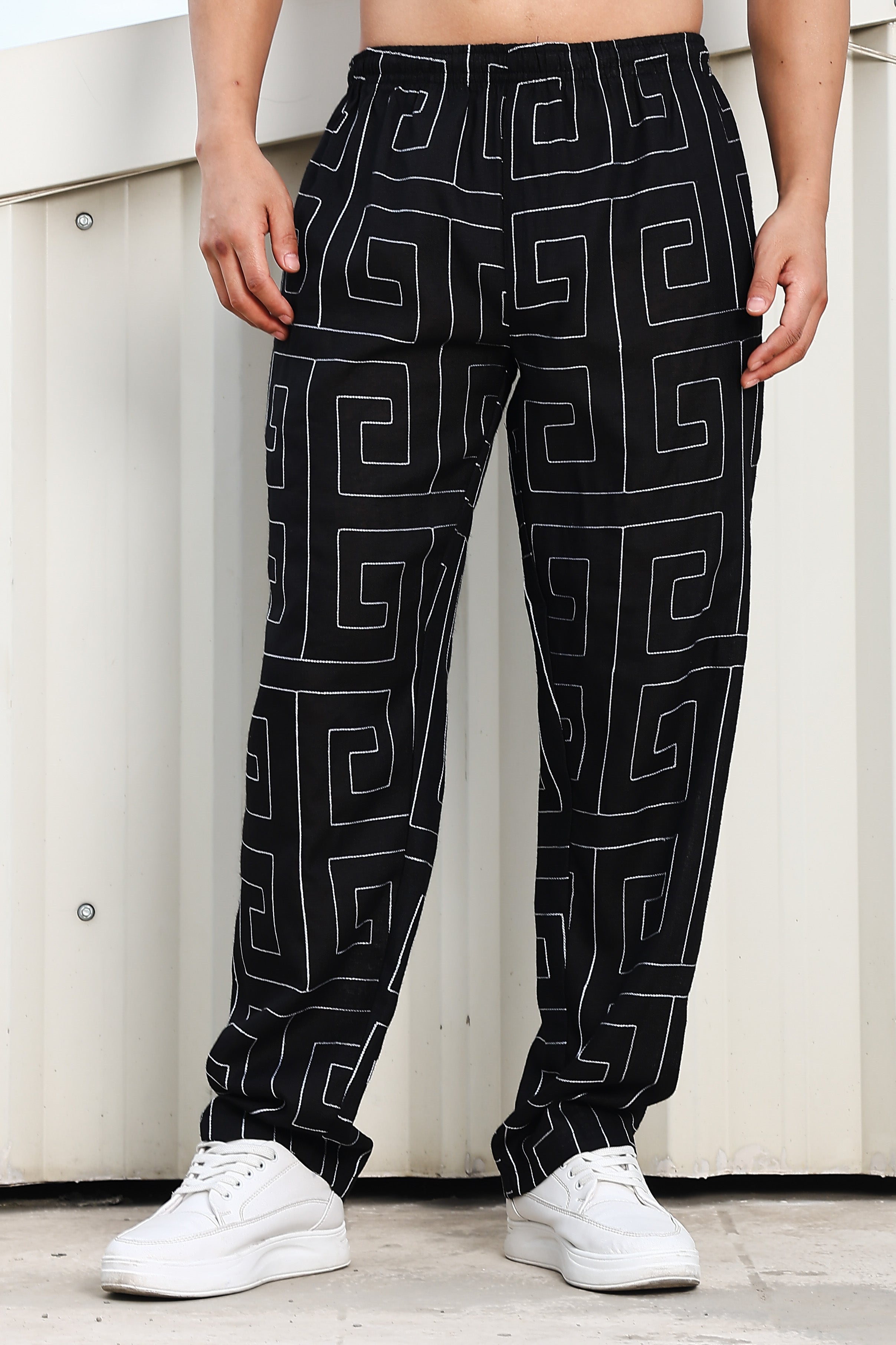 Black Linen Blend Embroidered Korean Streetstyle Regular Fit All Day Pants