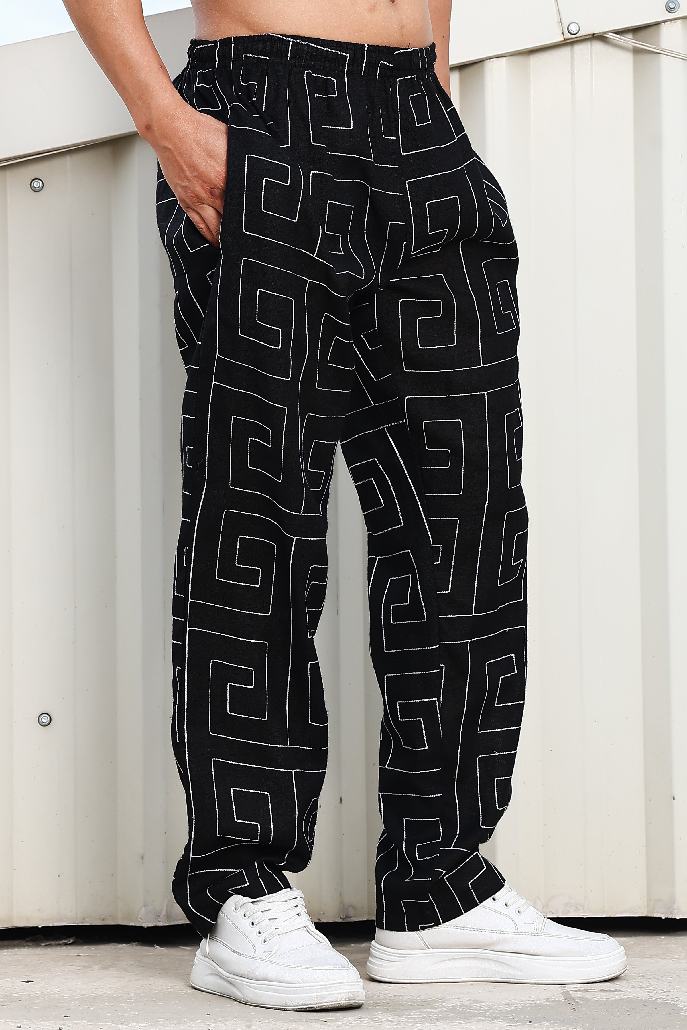 Black Linen Blend Embroidered Korean Streetstyle Regular Fit All Day Pants