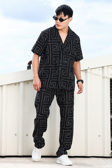 Black Linen Embroidered Notched Lapel Korean Shirt & All Day Pants Co-ord Set