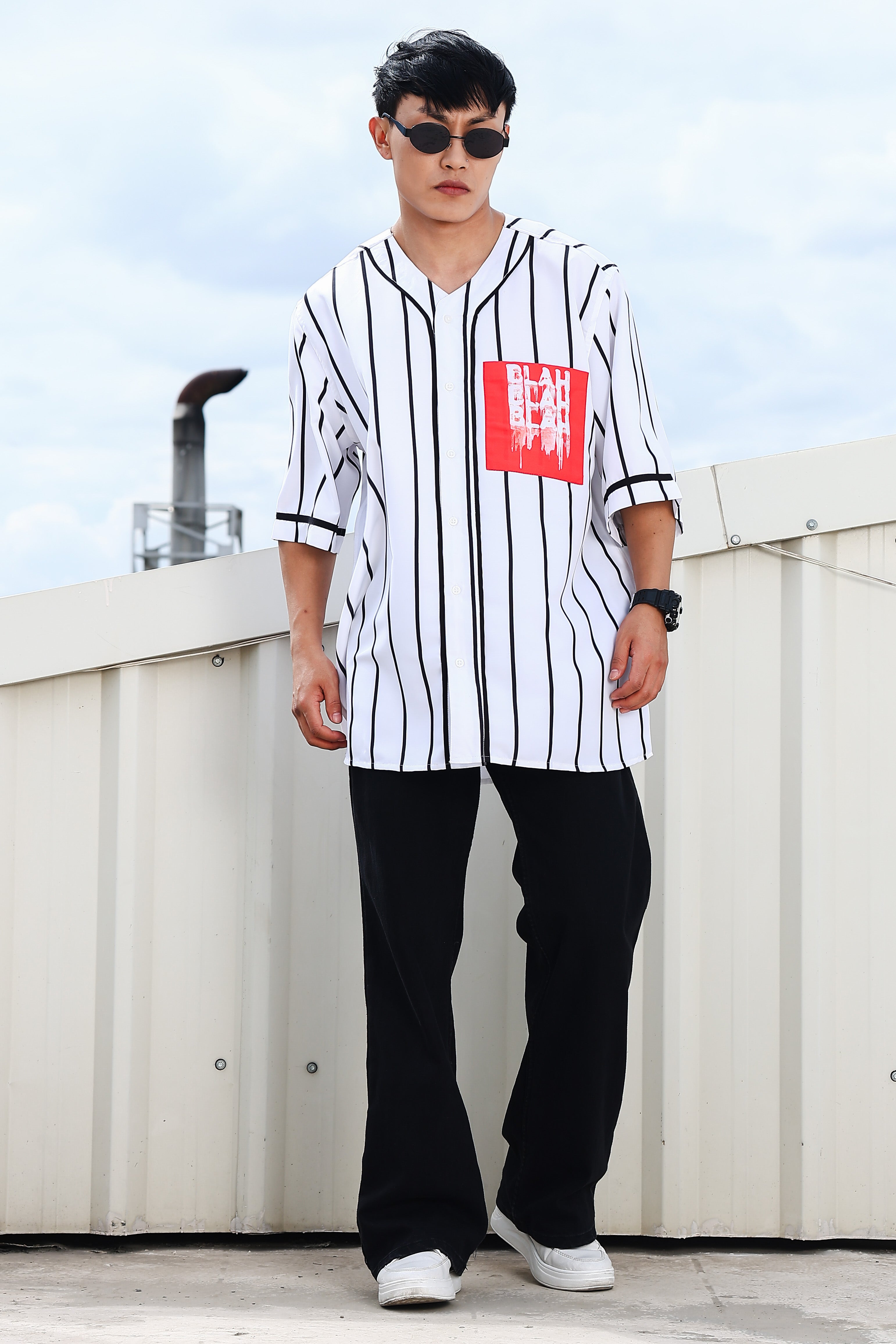 Men Stripe Printed White Classic Oversized Fit Baseball Shirt