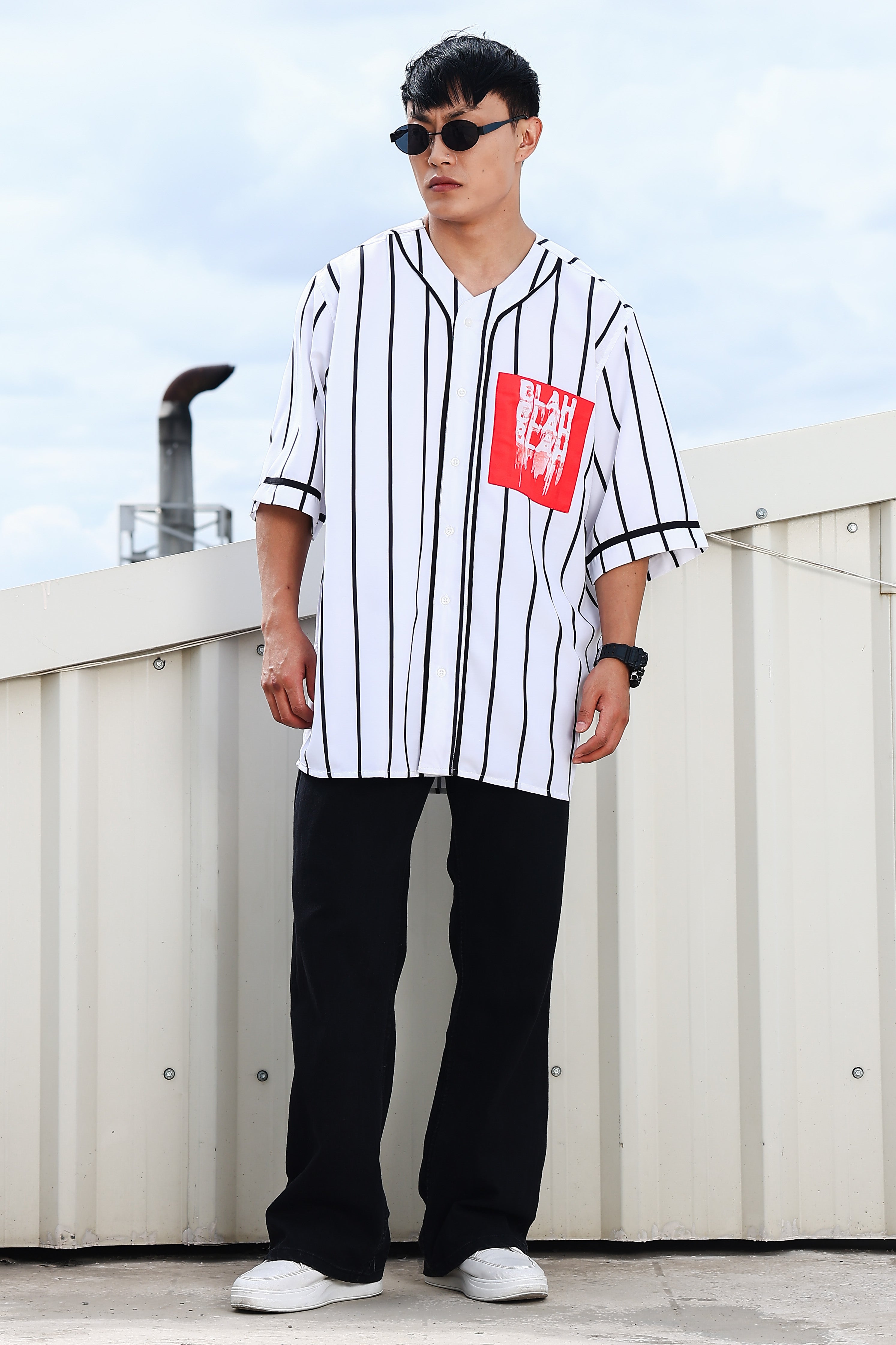 Men Stripe Printed White Classic Oversized Fit Baseball Shirt