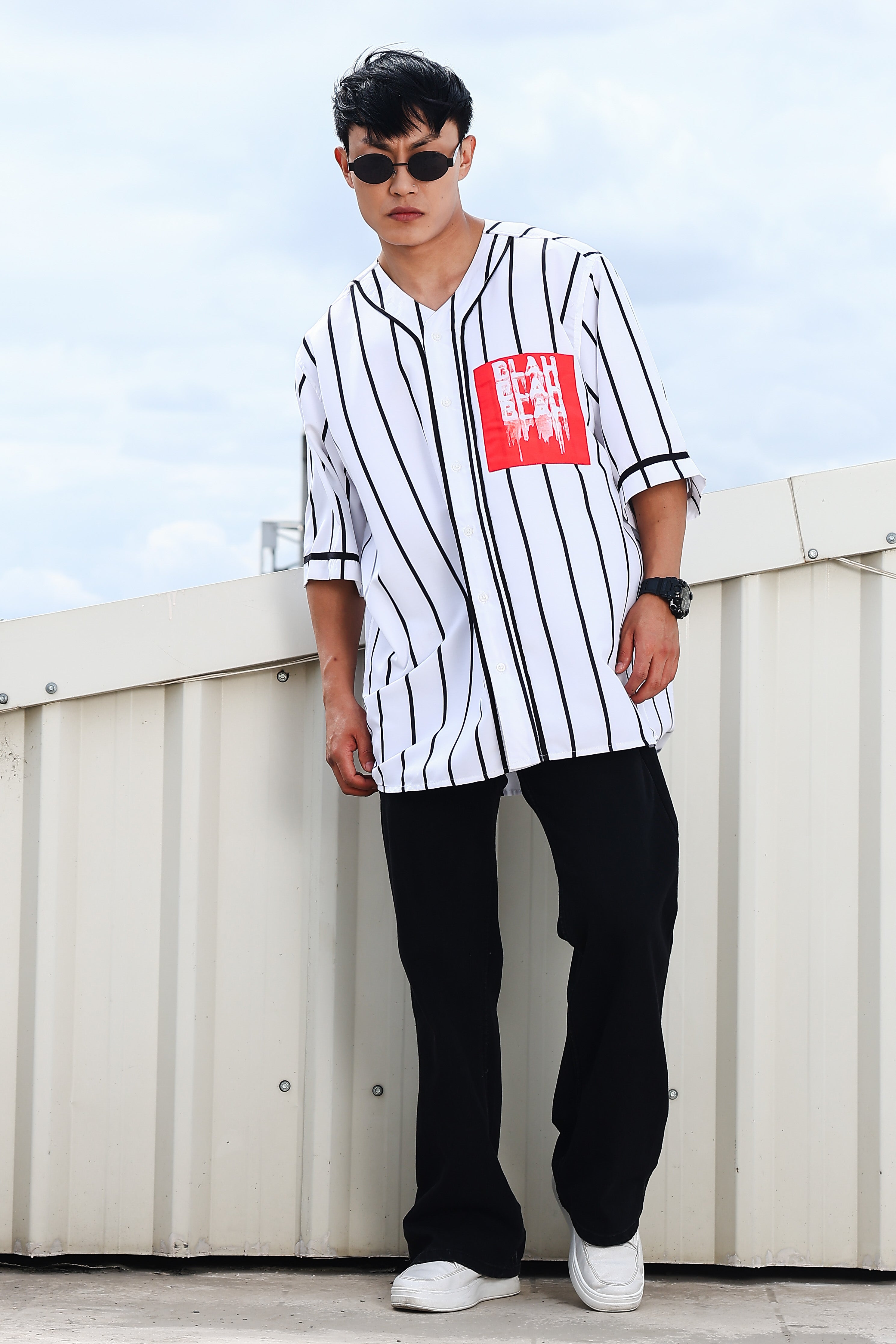 Men Stripe Printed White Classic Oversized Fit Baseball Shirt